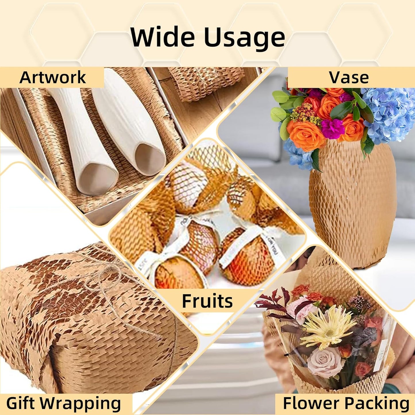 Honeycomb Packing Paper 15"x400' Roll with Fragile & Labeling Stickers, Gloves - Bubble Wrap for Moving,Products & Gifts Wrapping Paper, Recyclable & Biodegradable Cushioning Packing Material