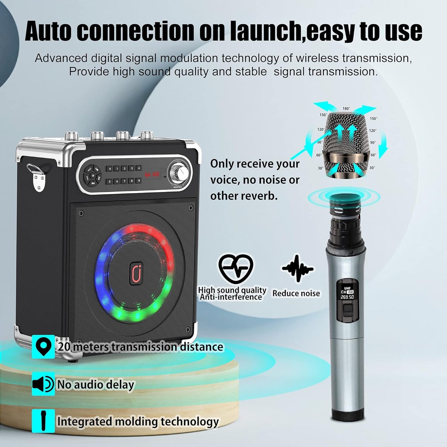 JYX Karaoke Machine with Two Wireless Microphones, Portable Bluetooth Speaker with Bass/Treble Adjustment, PA System with Remote Control, LED Lights,Supports TF Card/USB, AUX IN, FM, REC,TWS for Party