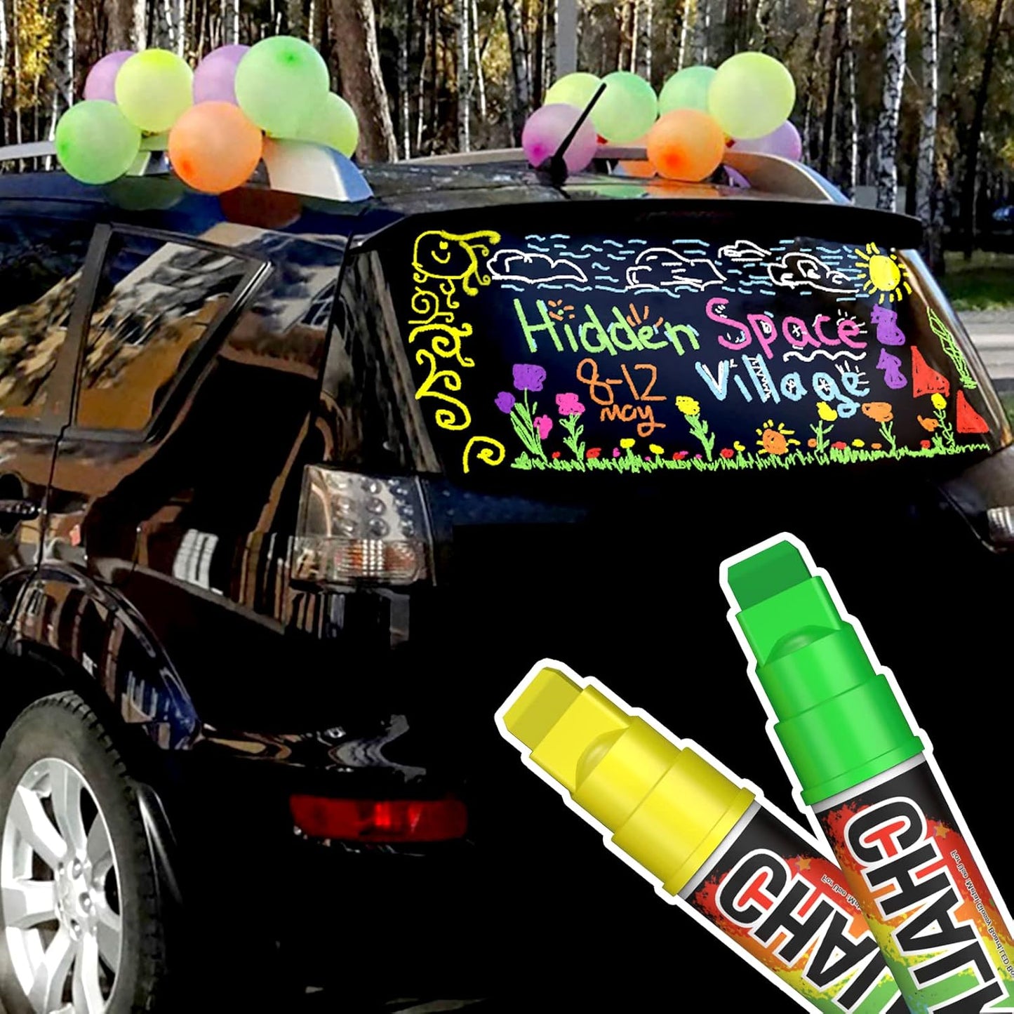 KERIFI Window Chalk Markers for Cars Washable: 10mm Jumbo Liquid Chalk Pens, Wet Erase for Auto Bistro Blackboard Glass Mirror Poster Windows Art Wedding Signs, Just Married Car Decorations (8 Colors)