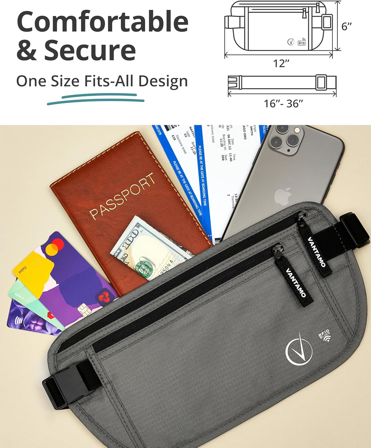 Vantamo Hidden Money Belt For Extra Safety, RFID Ultra-Thin Fanny Pack, 2 Compartment Money Bag Fits Passport & Phone