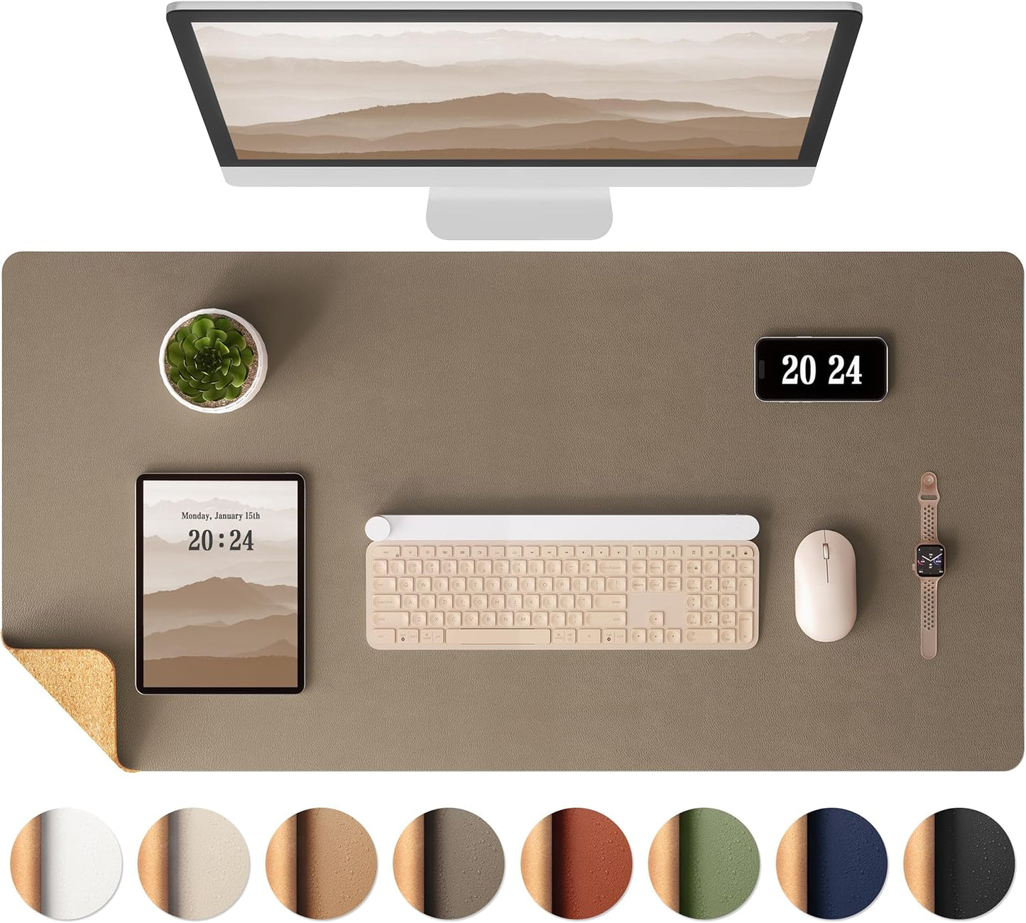 Aothia Dual-Sided Desk Mat - Leather & Cork Desk Protector, Large Mouse Pad & Writing Pad for Office/Home, Coffee (25.6"x13.7")