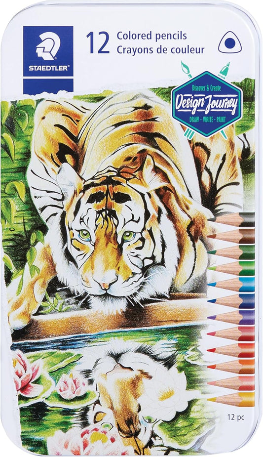 STAEDTLER Colored Pencils, Triangular Barrel, 12 Pack Assorted, Metal Tin 1278 M12