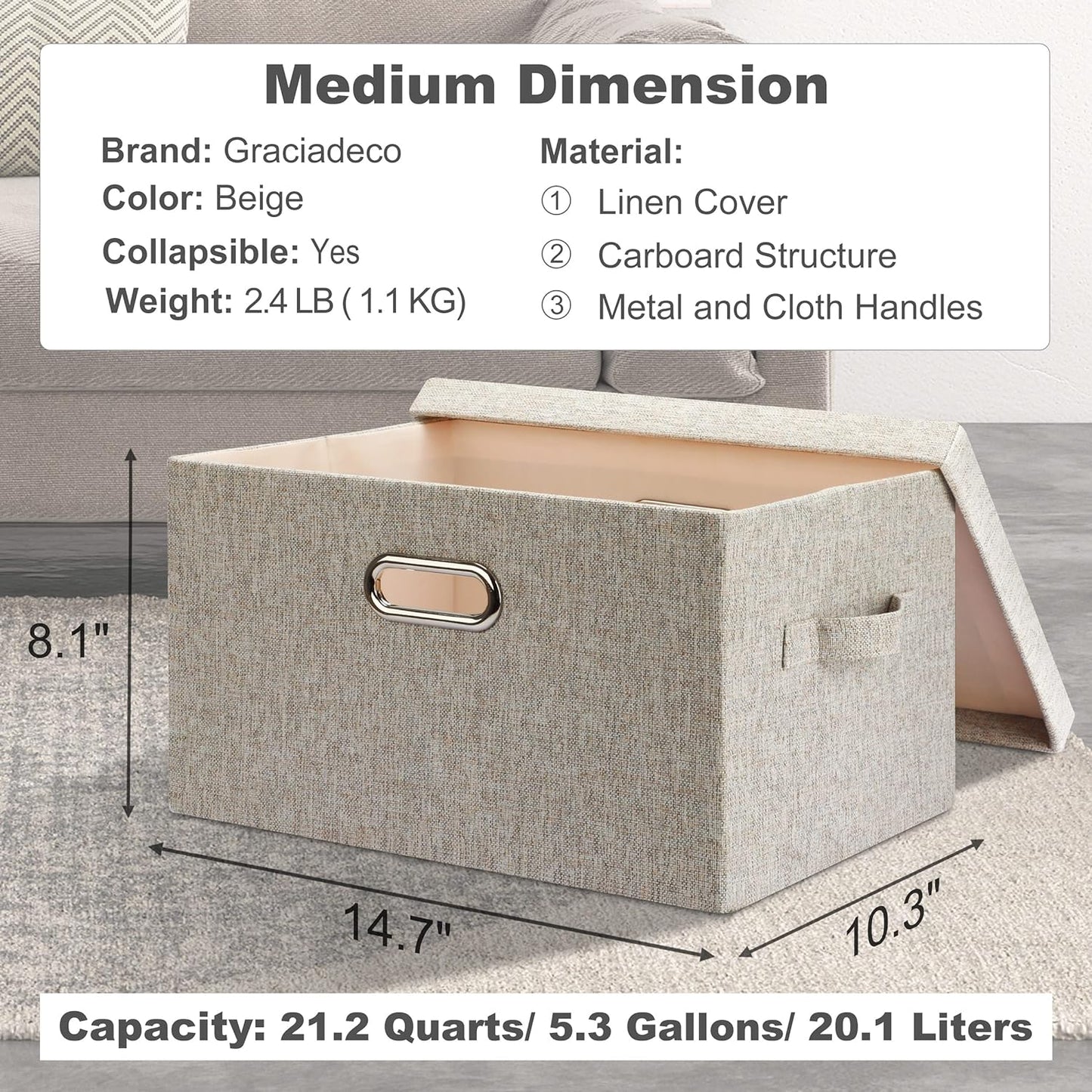Medium 15" 21 Quart Collapsible Stackable Storage Bins with Lids, 5 Packs Beige Foldable Fabric Closet Boxes Heavy-duty Lidded Linen Cube Baskets Container Organizers and Storage