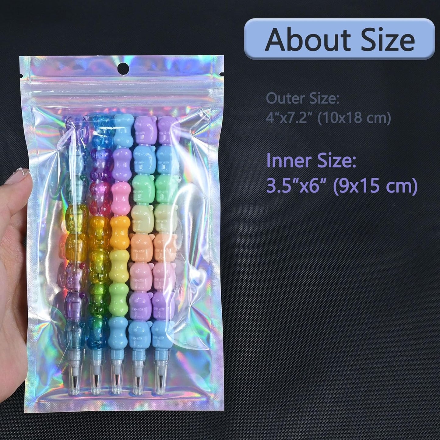 100 Pack Holographic Resealable Plastic Bags for Food Storage, Zipper Bags with Clear Front Window, Packaging Pouch for Small Business (100 Pack, 4x7.2 inch)