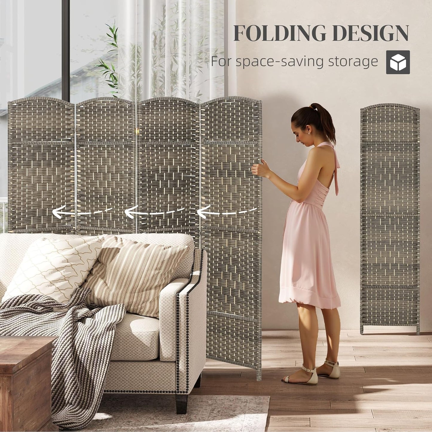 HOMCOM 4 Panel Room Divider, 6' Tall Folding Privacy Screen, Hand-Woven Freestanding Wall Partition for Home Office, Bedroom, Dark Rustic Oak