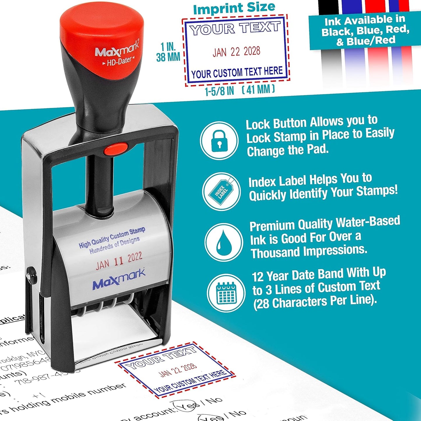 MaxMark Heavy Duty Self Inking Date Stamp with Phrase Scanned - Black Ink