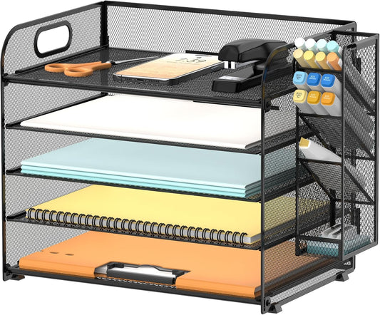 SUPEASY 5 Tier Desk Organizer with Handle & Removable Pen Holders, Mesh Paper/File Organizer for Desk, Paper Letter Tray Organizer for Office Supplies (Black)