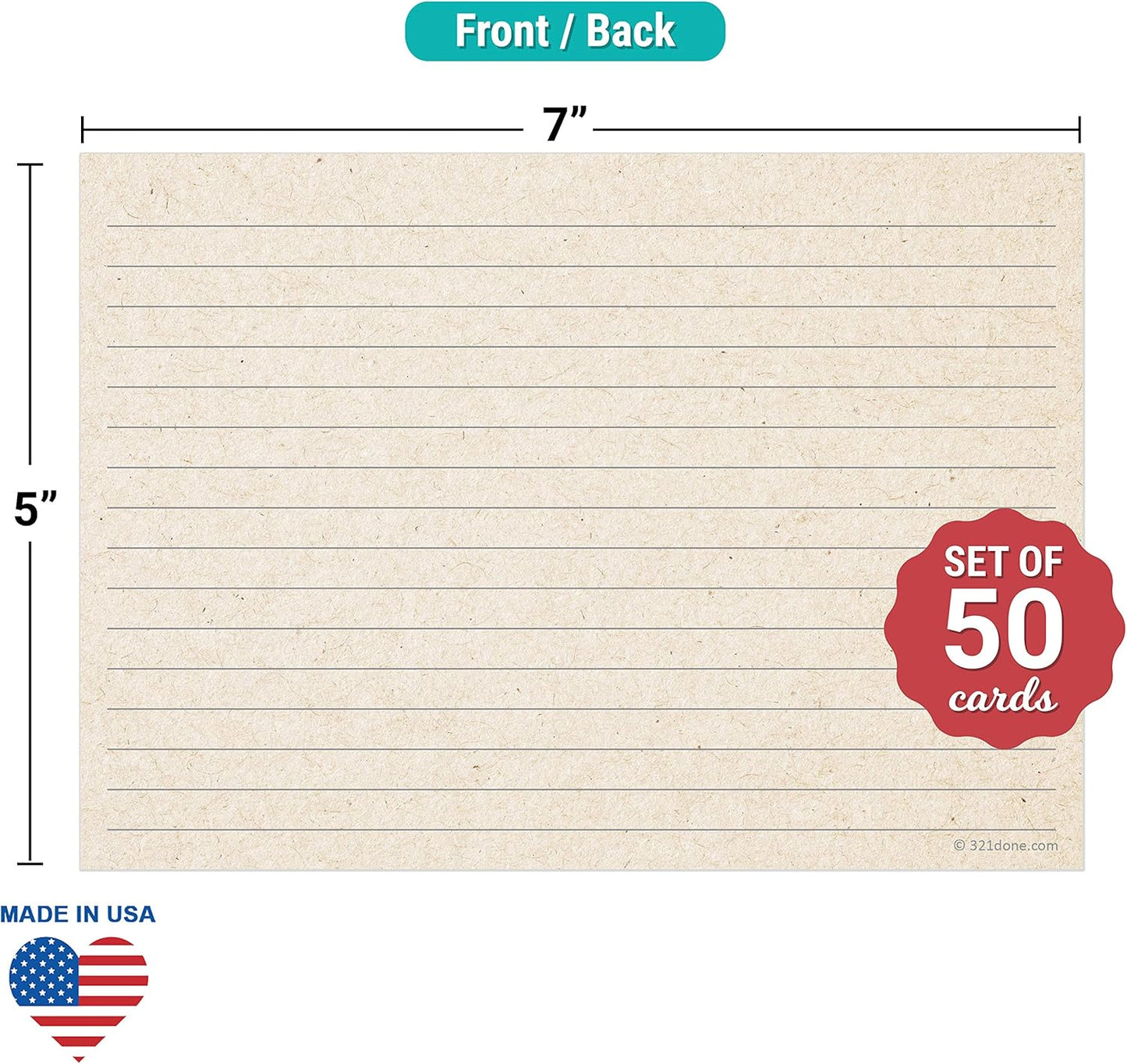 321Done Jumbo Rustic Index Cards - Made in USA - Large Size 5x7 Horizontal (Set of 50), Kraft Tan College-Ruled Lined Notecards Double-Sided, Thick Heavy Duty Cardstock, Simple Note Cards Lines, XL