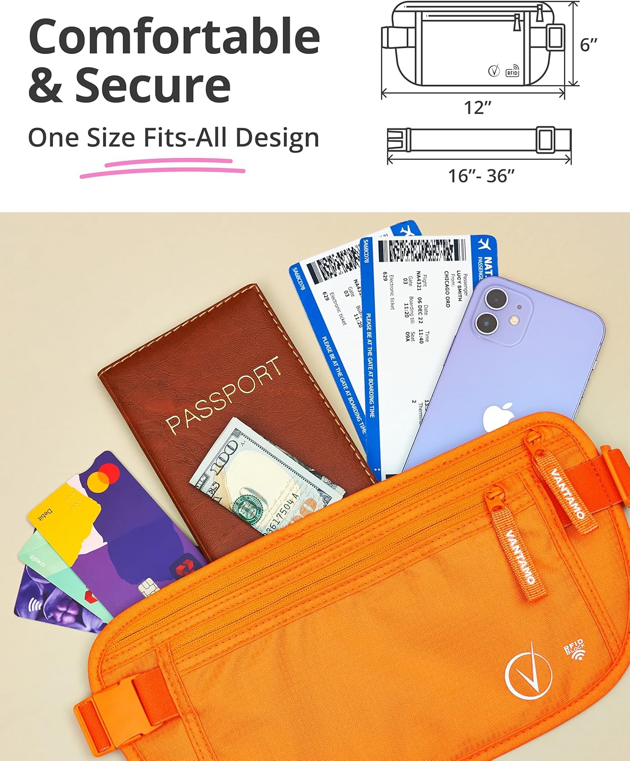 Vantamo Hidden Money Belt For Extra Safety, RFID Ultra-Thin Fanny Pack, 2 Compartment Money Bag Fits Passport & Phone