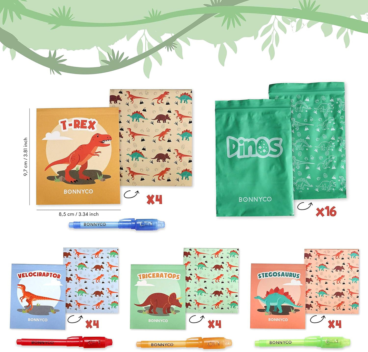 BONNYCO Invisible Ink Pen and Notebook Pack 16 Dinosaur Party Favors for Kids, Magic Spy Pen Goodie Bags Stuffers for Kids, Dinosaur Birthday Party Supplies, Goody Bag Stuffers Return Gifts Prizes