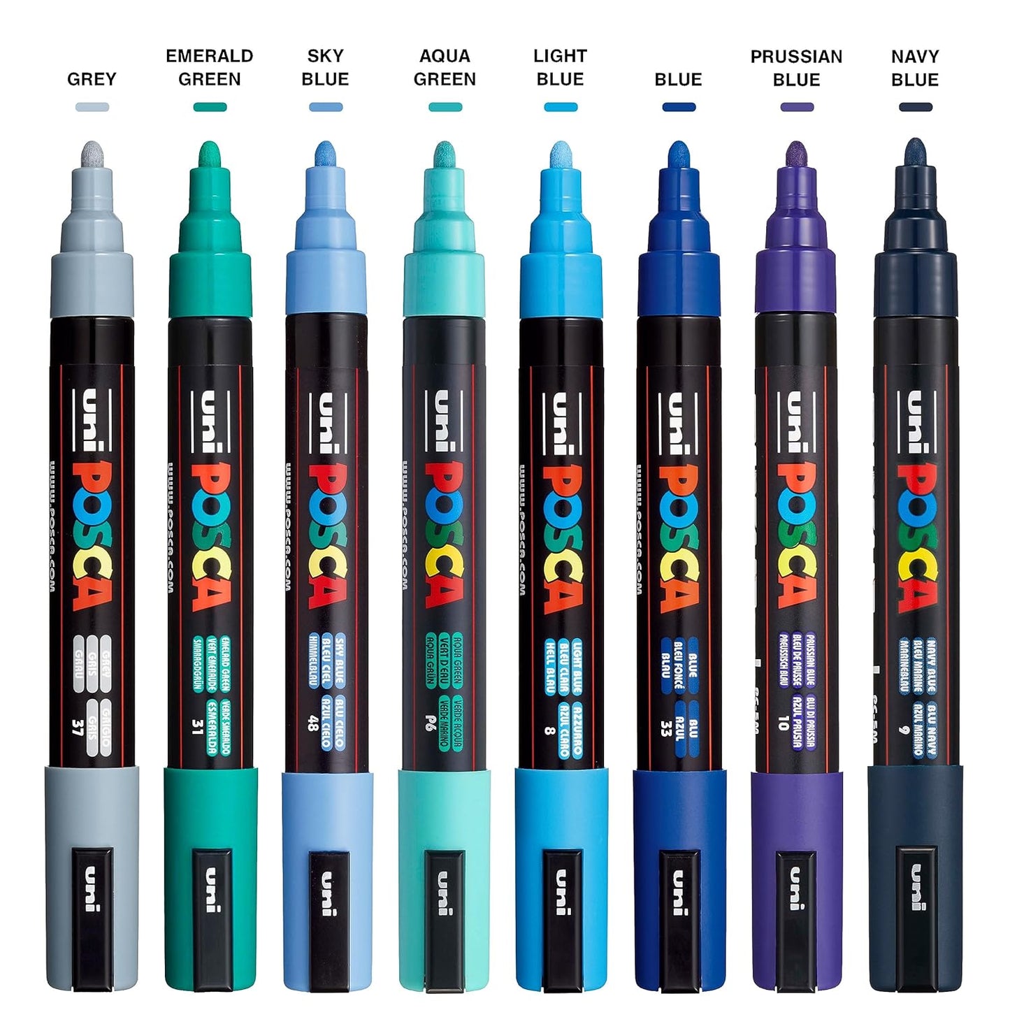 posca Markers Set, 8 Medium Paint Markers 5M – Cool Tone – Grey, Emerald Green, Sky Blue, Aqua Green, Light Blue, Blue, Blue
