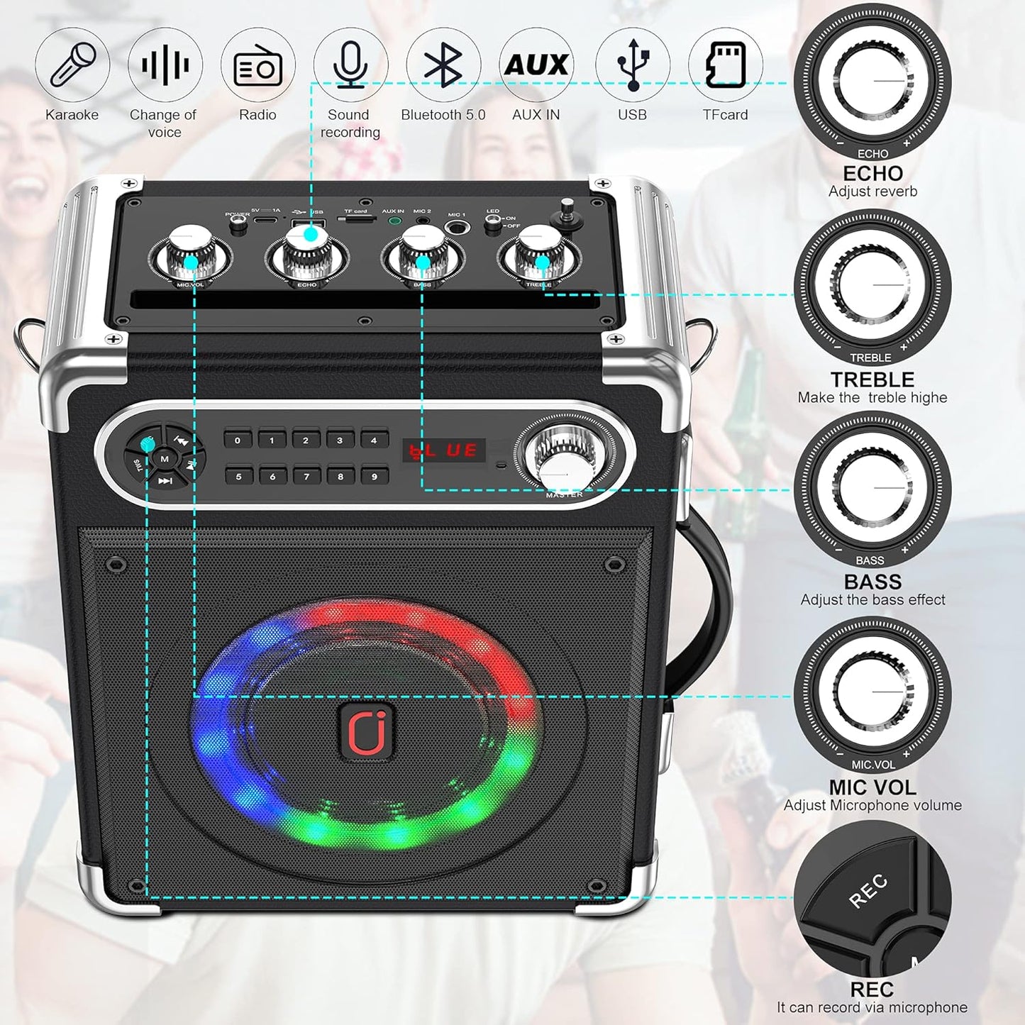 JYX Karaoke Machine with Two Wireless Microphones, Portable Bluetooth Speaker with Bass/Treble Adjustment, PA System with Remote Control, LED Lights,Supports TF Card/USB, AUX IN, FM, REC,TWS for Party