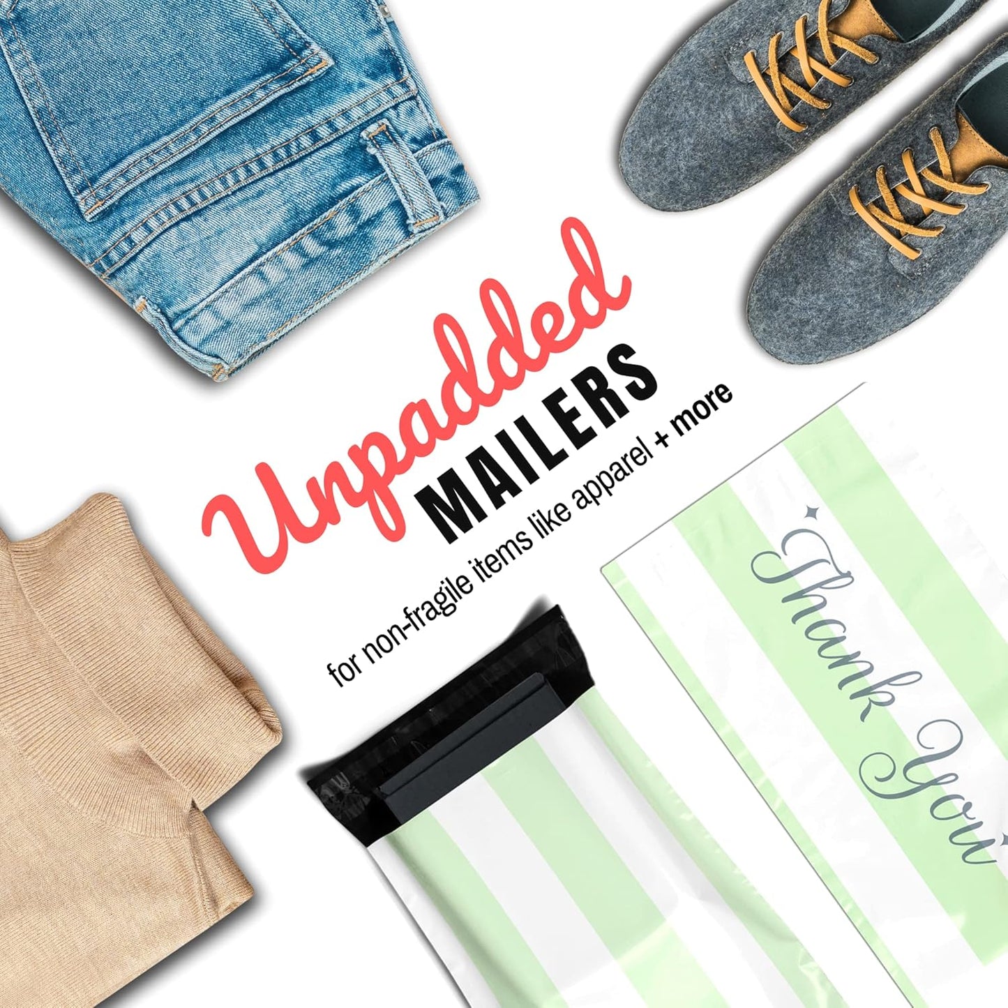 Poly Mailers 12.5x15 50 Pack | Self-Sealing Shipping Bags Envelopes for Small Business | Waterproof Durable Packaging | Thank You | Green Stripes | à la mode Mailers