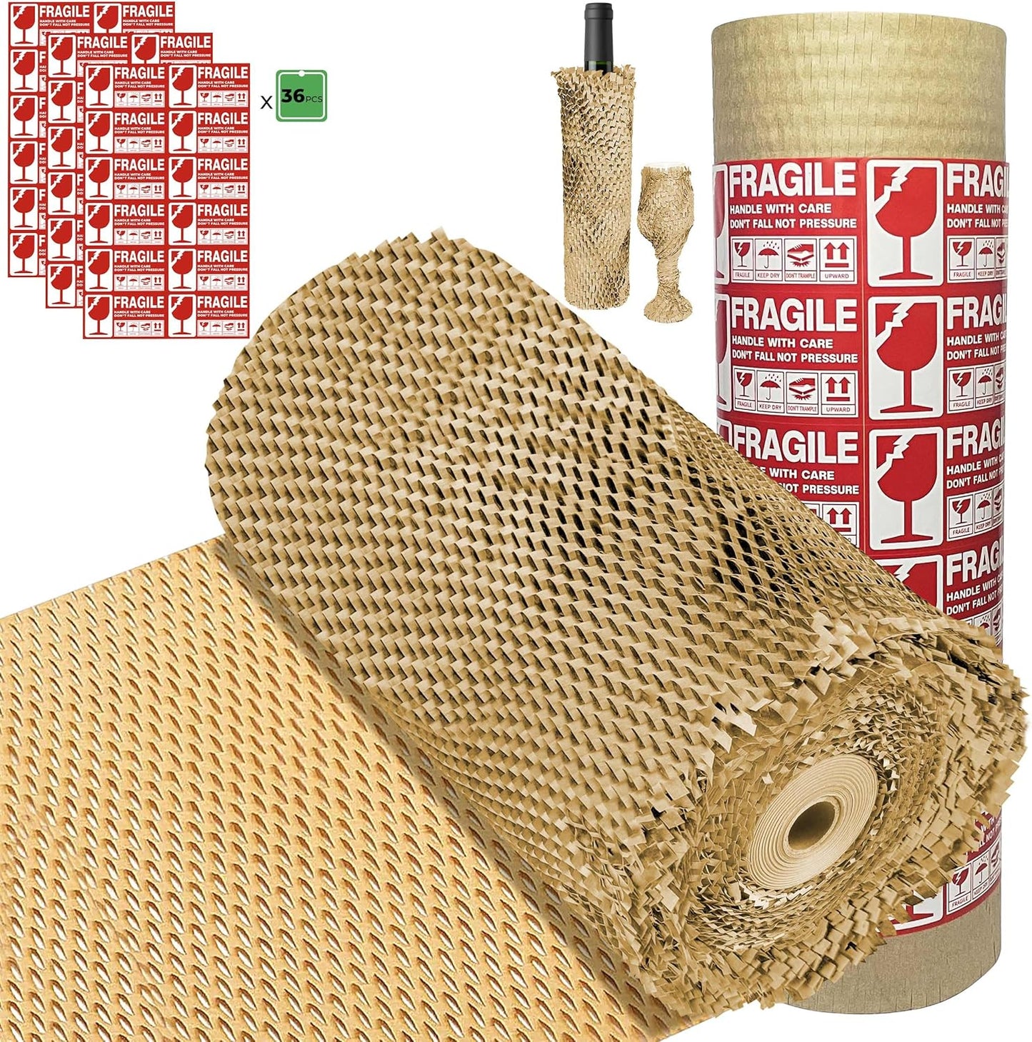 Honeycomb Packing Paper Wrap 15''x400', Substitute Alternative for Bubble Cushioning Wrap for Moving Shipping Packaging, Recyclable Moving Supplies with 36 Fragile Sticker Labels