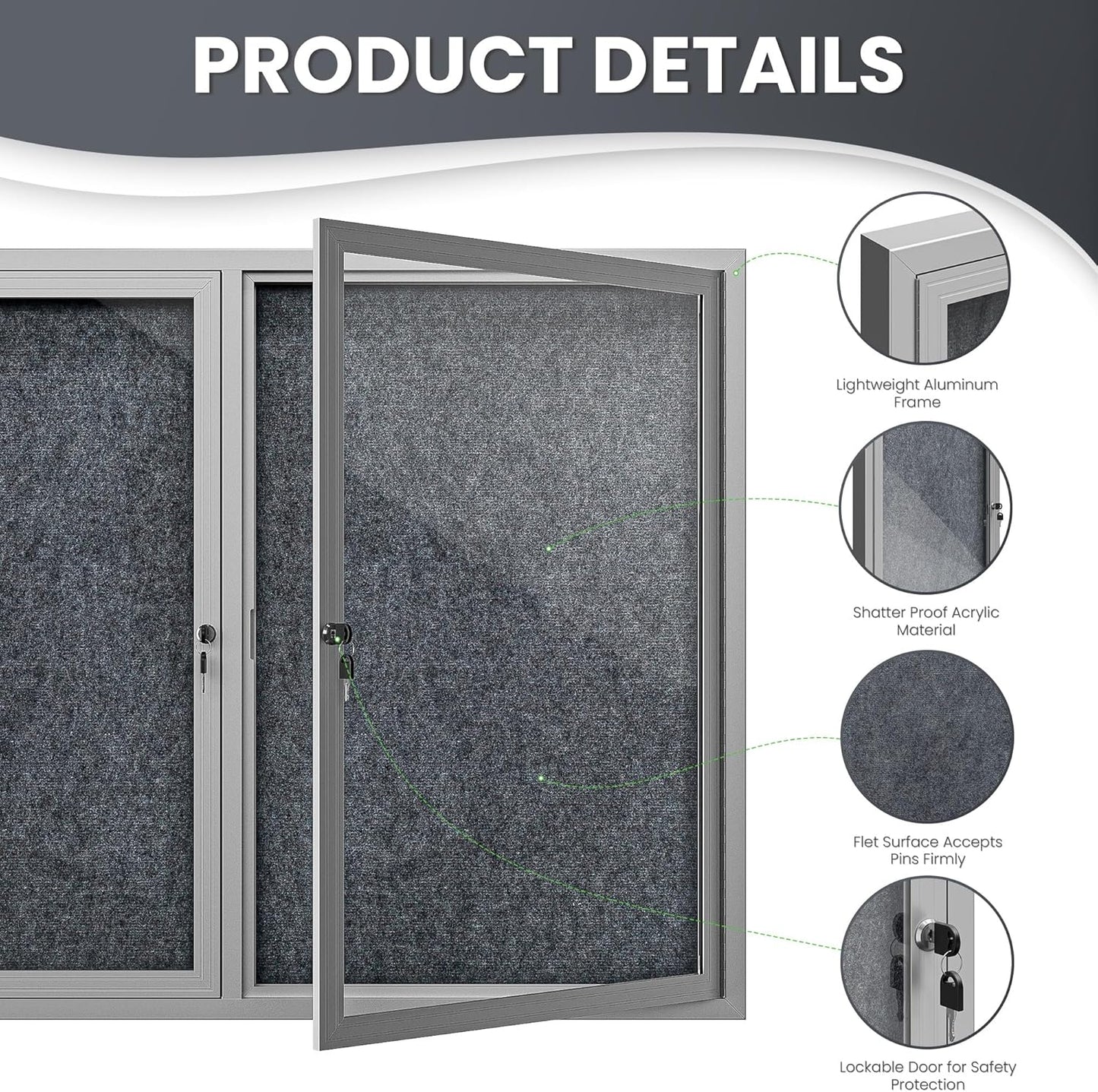 72"x36" Lockable Enclosed Bulletin Board, Outdoor Flet Weather-Resistant Aluminum Frame Notice Board, Wall Mounted Display Case Acrylic Doors for School,Office,Silver Frame w/Grey Flet