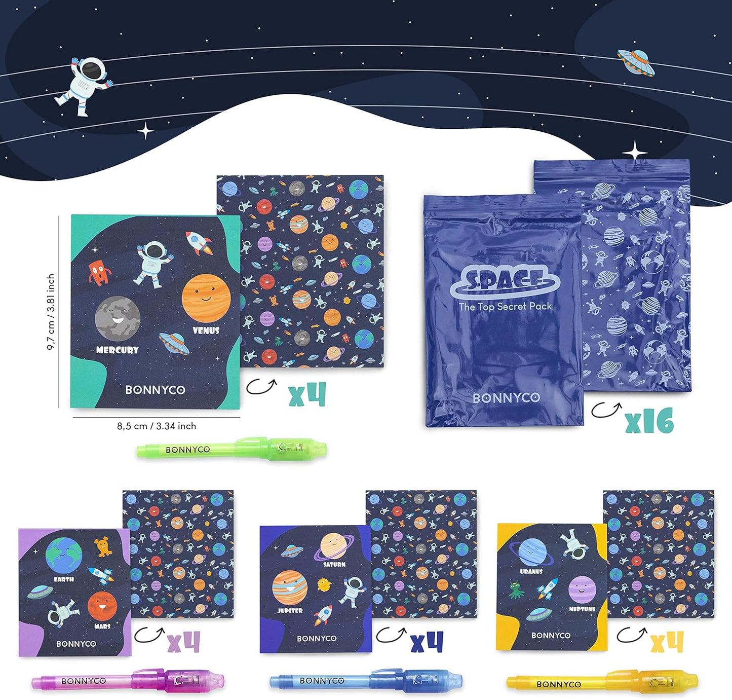 BONNYCO Invisible Ink Pen & Notebook Pack 16, Space Party Favors | Space Themed Party Favors for Kids Goodie Bags Stuffers Pinata Stuffers Classroom Prizes Return Gifts for Kids Birthday Student Gifts