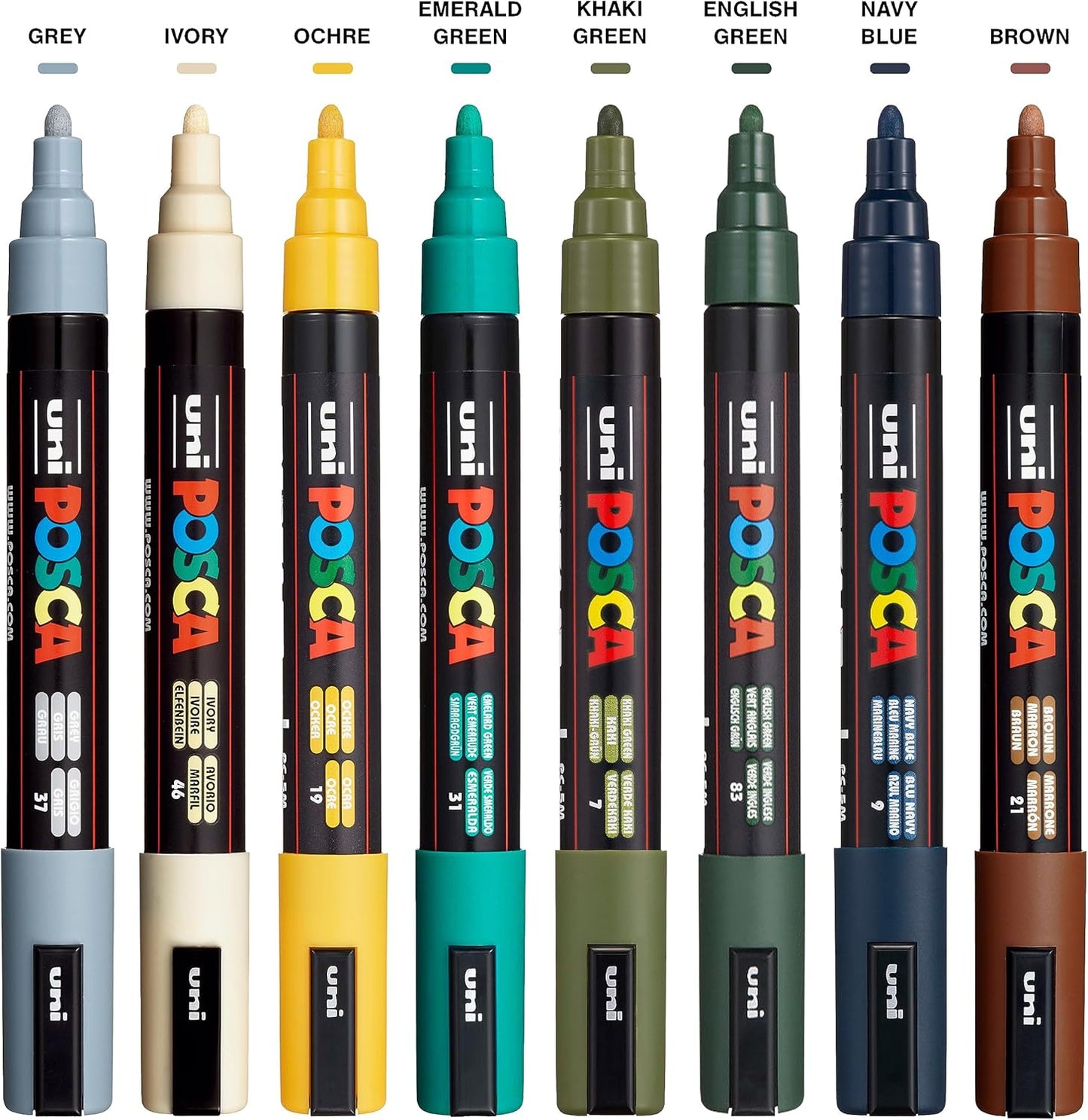 posca Markers Set, 8 Medium Paint Markers 5M – Earth Tones – Grey, Ivory, Ochre, Green, Navy Blue, Brown
