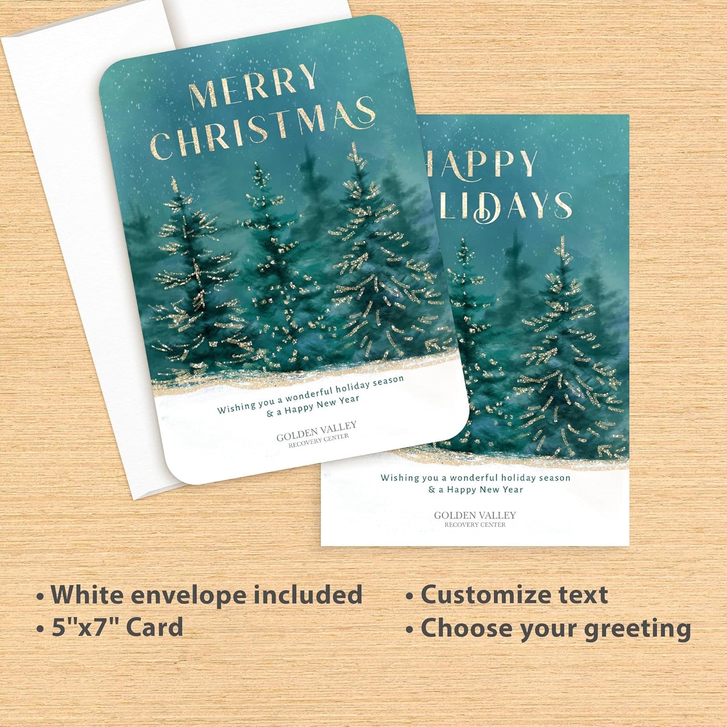 Let's Make Memories Personalized Business Christmas Cards with Envelopes - Premium Quality - 5x7-2025 Holiday Cards & White Envelopes - Gilded Trees - 100 ct