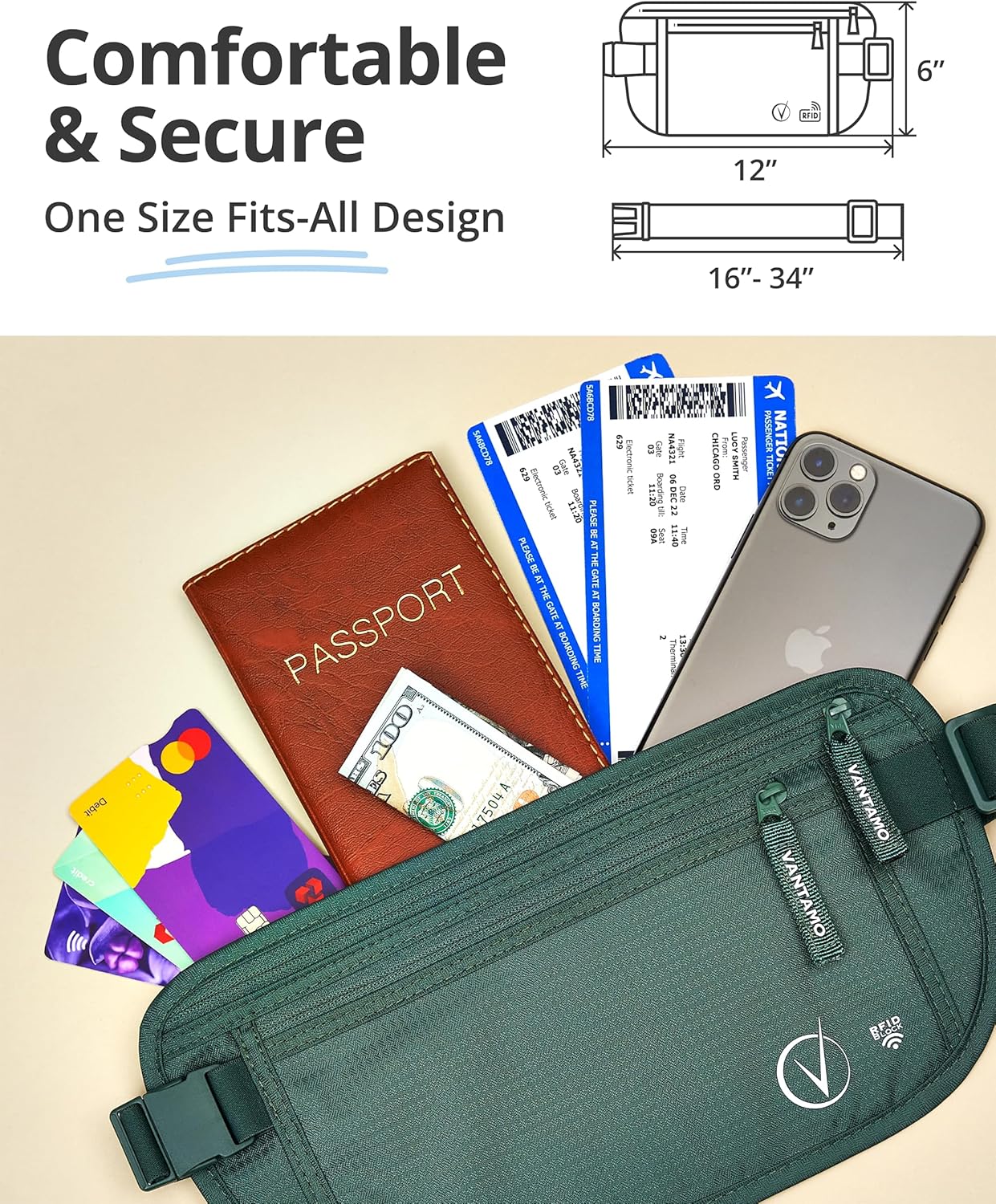 Vantamo Hidden Money Belt For Extra Safety, RFID Ultra-Thin Fanny Pack, 2 Compartment Money Bag Fits Passport & Phone