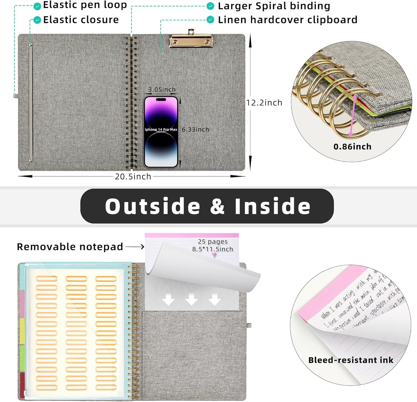 Ospelelf Foldable Spiral Clipboard Folio with Storage Zipper Pouch, 5 Plastic Folders with 10 Pockets,Refillable Lined Notepad (11" x 8.5"), Hardcover Project Organizer with 39 Stickers (Grey)