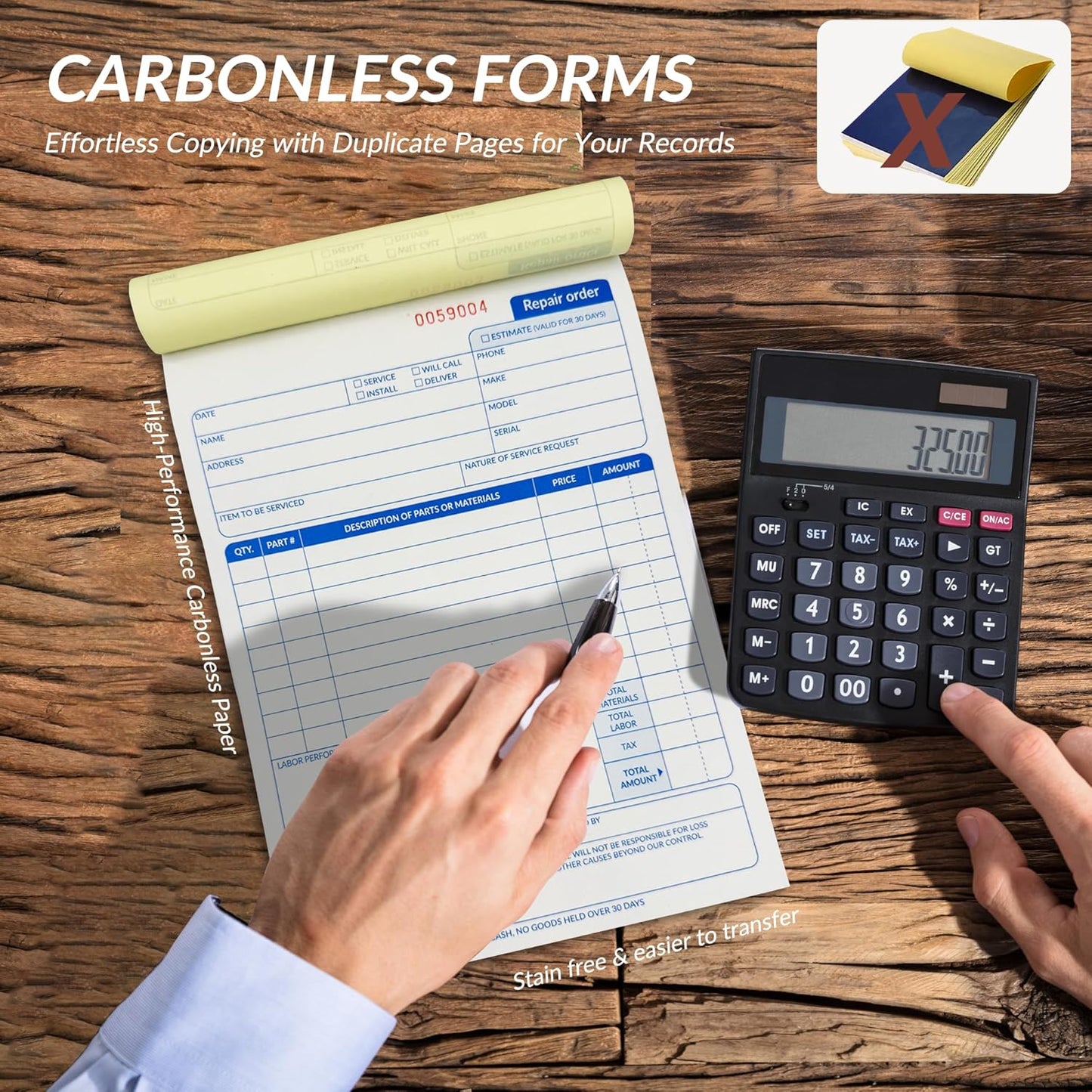 Repair Order Book, 2 Part Carbonless Job Work Order Forms - White/Yellow, 5-7/10 x 8-1/4 Inches, Invoice Receipt Book for Small Business, Consecutively Numbered, 400 Sets (8 Packs)