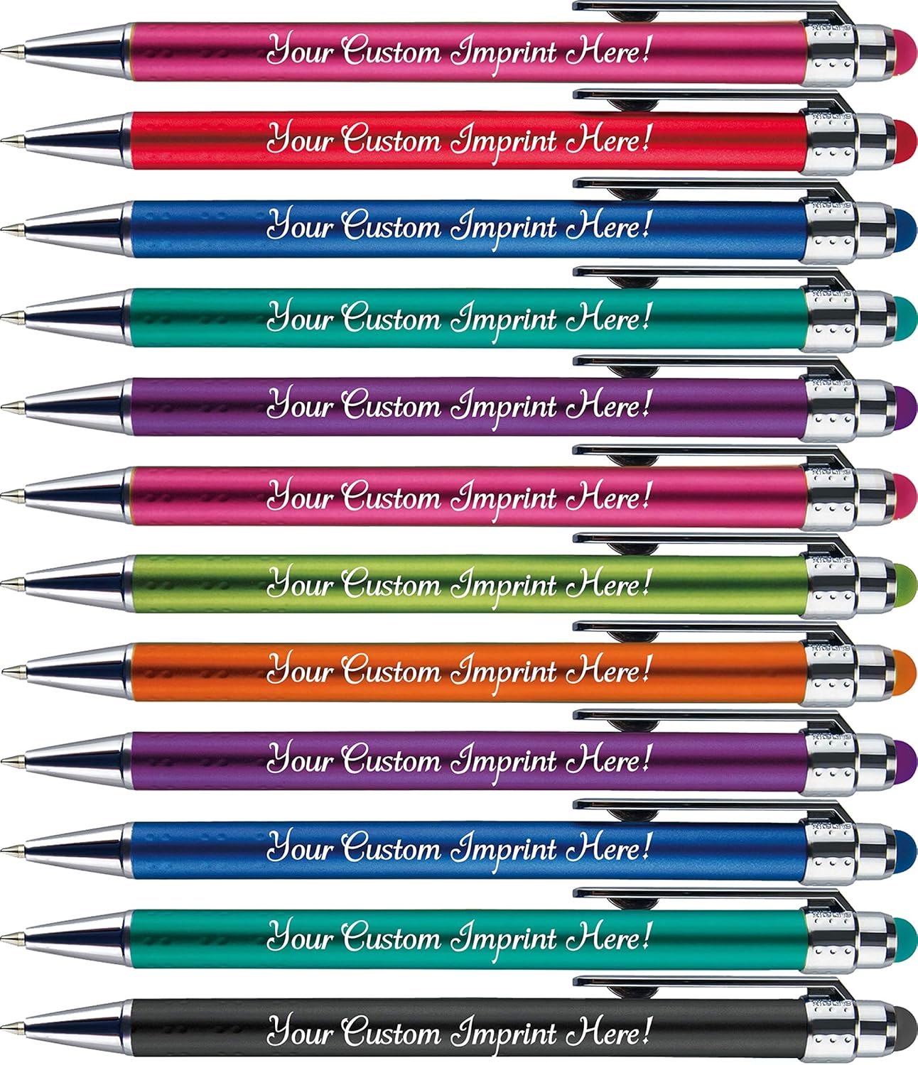 Personalized Pens with Stylus Tip -Bright Vibes- Click action - Custom - Black writing - Printed Name pens - Imprinted with Your Logo or Message - FREE PERSONALIZATION - 12 Pens/Box (Red)