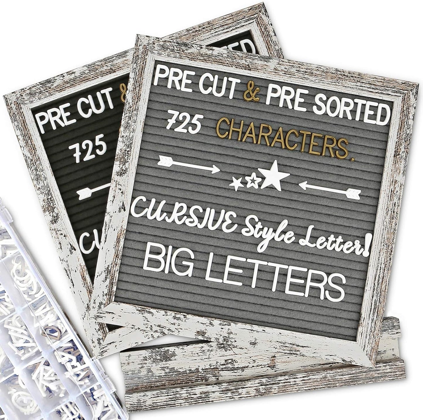 Double Sided Felt Letter Board with Rustic Wood Frame 10x10 Inch - Pre Cut & Sorted 725 Letters with Stand, Cursive Style Letters, Big Letters, Letter Organizer, Tabletop Display