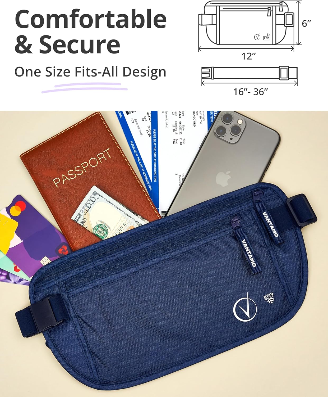 Vantamo Hidden Money Belt For Extra Safety, RFID Ultra-Thin Fanny Pack, 2 Compartment Money Bag Fits Passport & Phone
