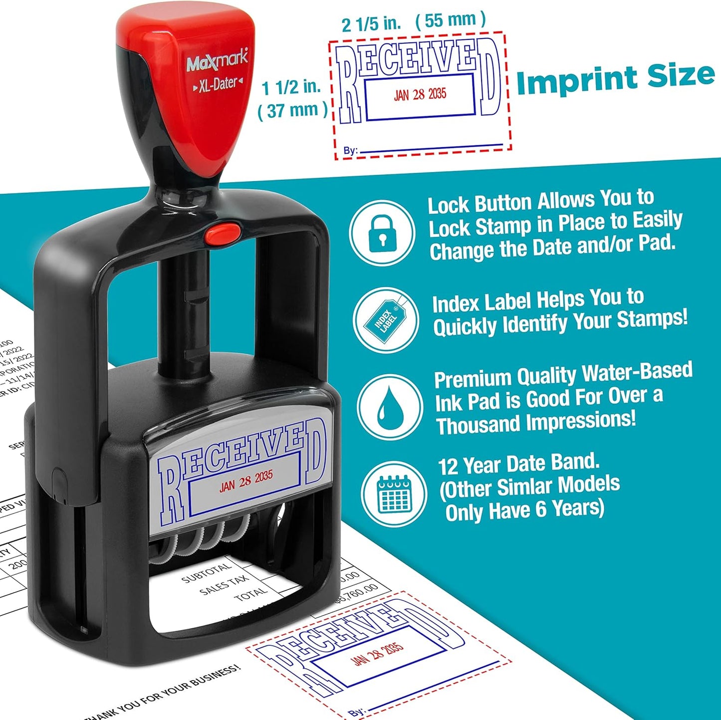 MaxMark Heavy Duty Style 3 Date Stamp with Received self Inking Stamp - 2 Color Blue/Red Ink
