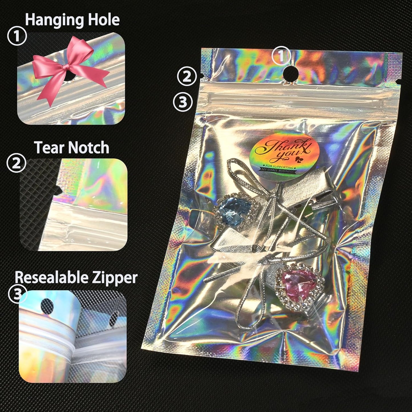 100 Pack Holographic Resealable Plastic Bags for Food Storage, Zipper Bags with Clear Front Window, Packaging Pouch for Small Business (100 Pack, 3.2x5.2 inch)