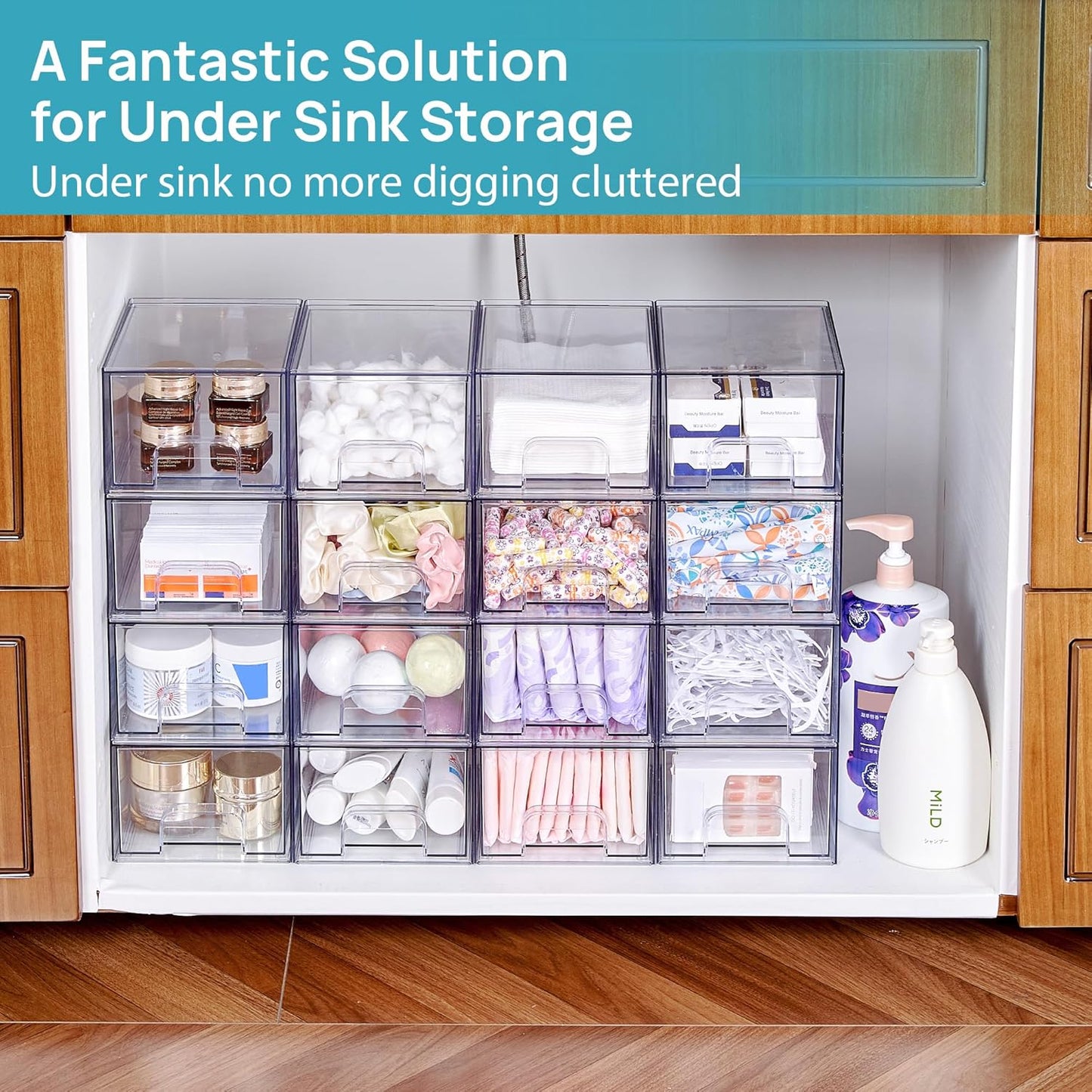 Vtopmart 4 Pack Clear Small Stackable Storage Drawers,Acrylic Bathroom Makeup Organizer,Plastic Storage Bins For Vanity, Undersink, Kitchen Cabinets, Pantry, Home Organization