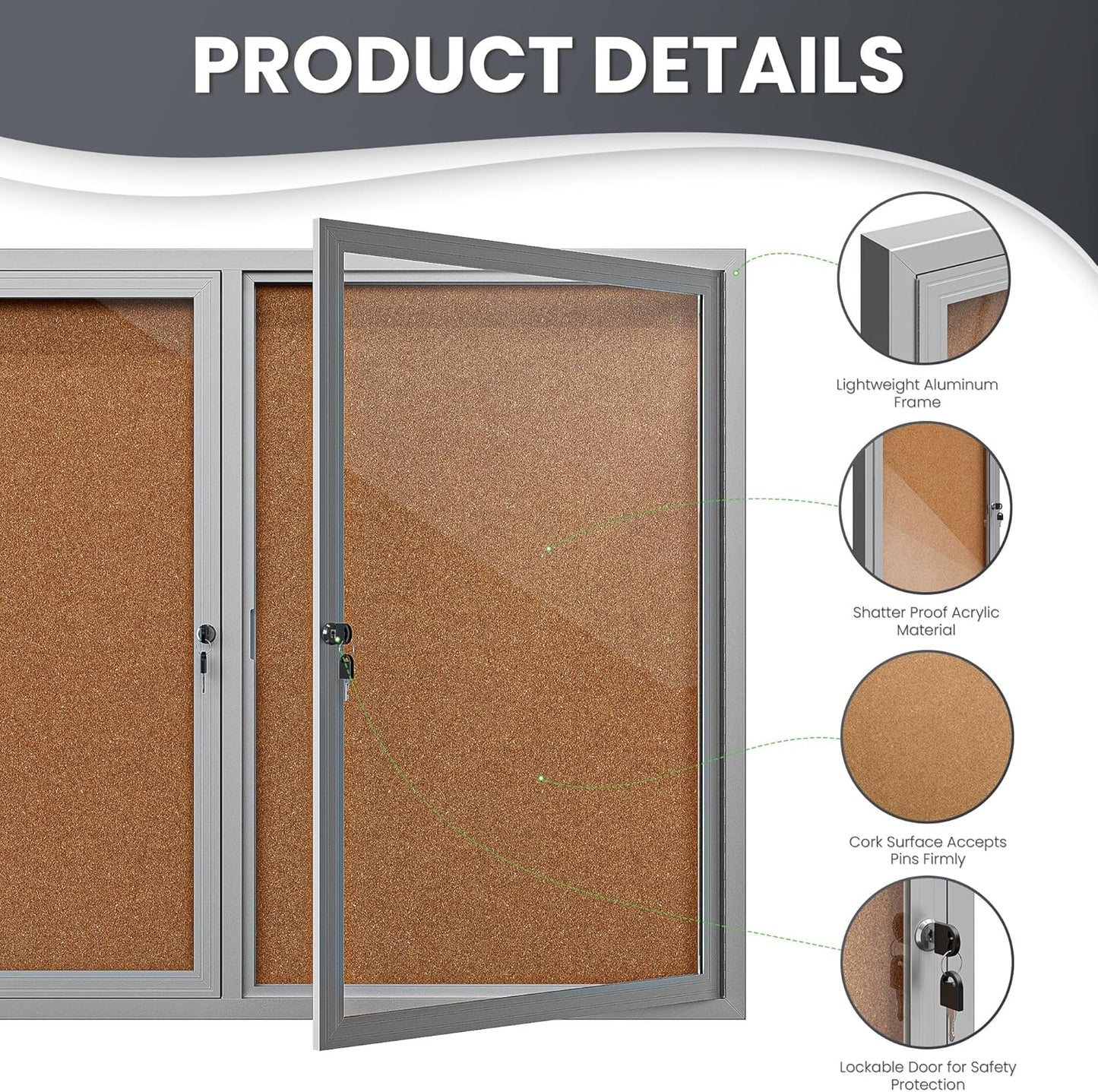 48"x36" Lockable Enclosed Bulletin Board, Outdoor Cork Weather-Resistant Aluminum Frame Notice Board, Wall Mounted Display Case Acrylic Doors for School,Office,Silver Frame w/Cork