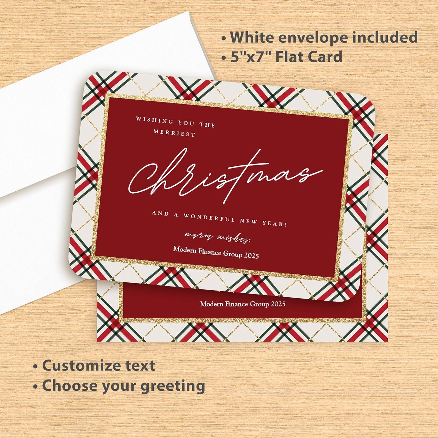Let's Make Memories Personalized Business Christmas Cards with Envelopes - Premium Quality - 5x7-2025 Holiday Cards & White Envelopes - Rustic Tartan - 150 ct