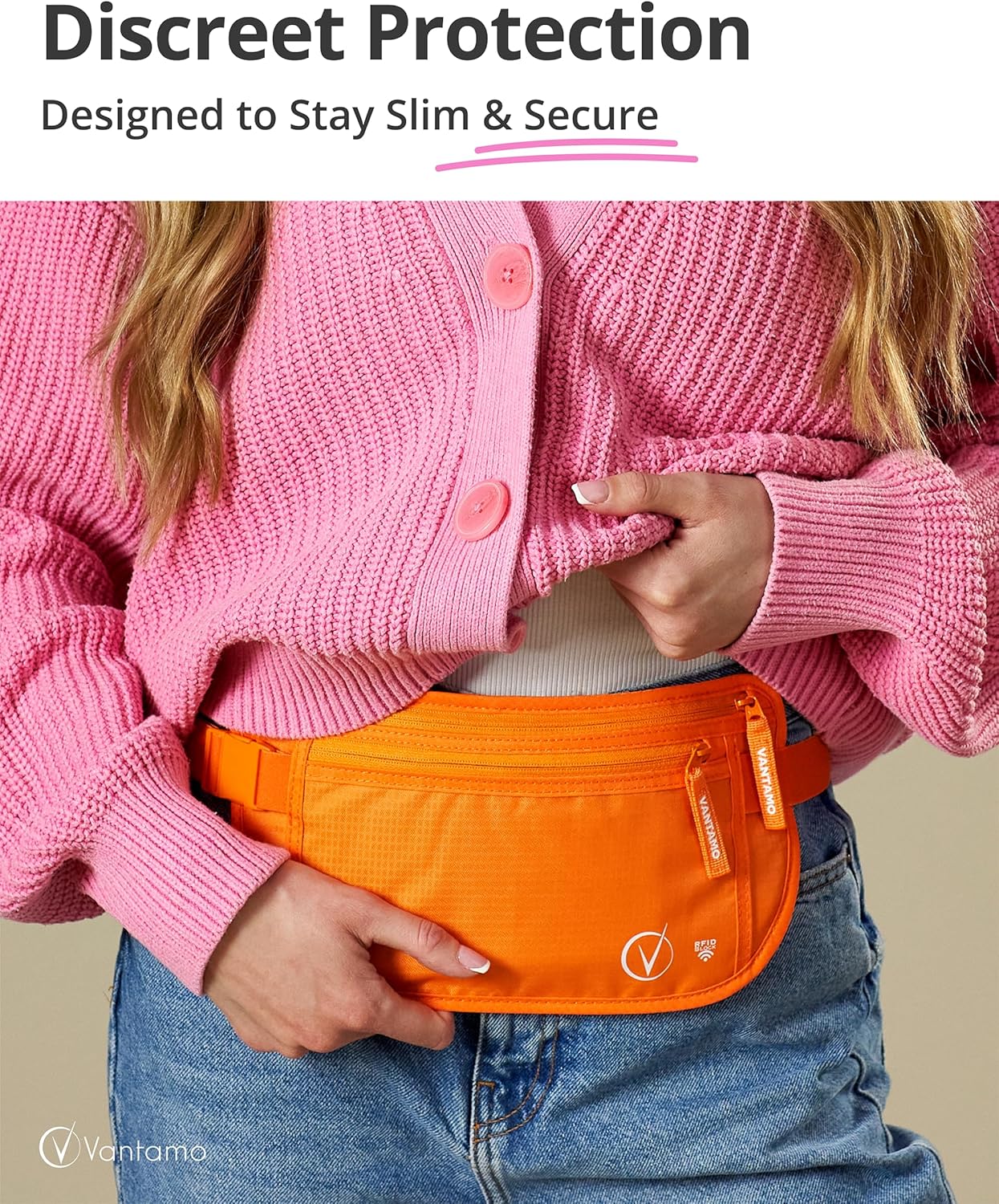 Vantamo Hidden Money Belt For Extra Safety, RFID Ultra-Thin Fanny Pack, 2 Compartment Money Bag Fits Passport & Phone