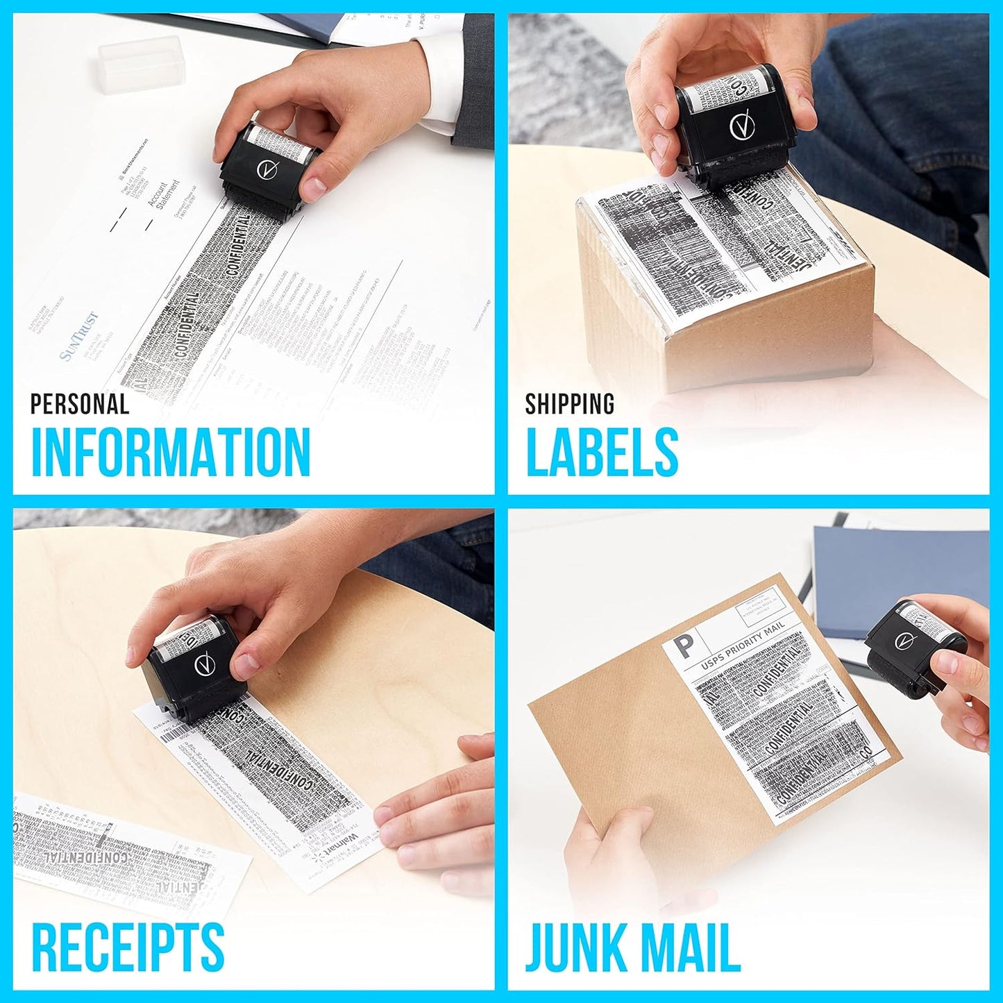 Vantamo Identity Theft Protection Roller Stamp for Hiding Sensitive Information, Wide Confidential Stamp with Box Cutter, Security Stamp Roller for Identity Theft Prevention, Black
