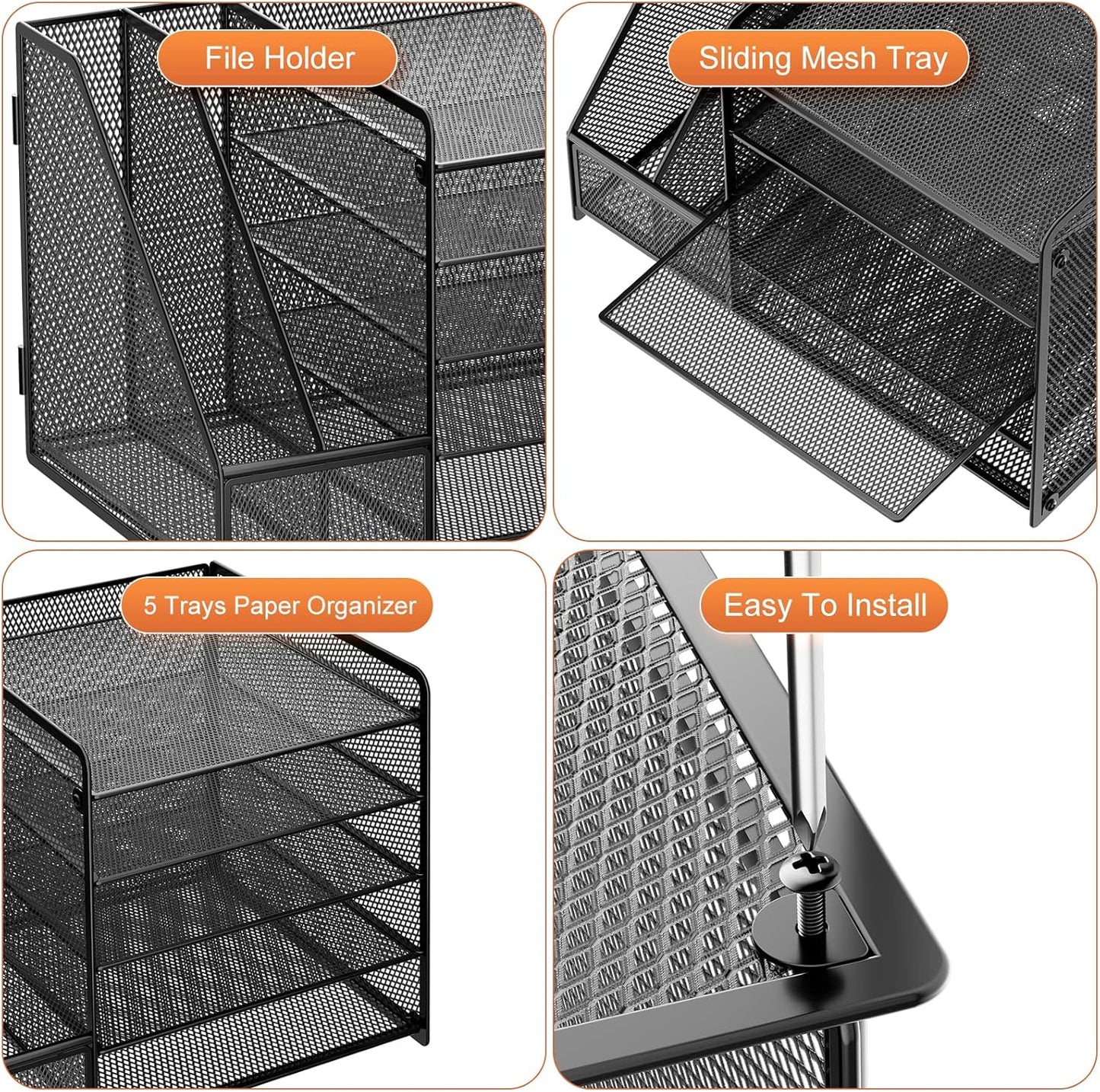 Marbrasse Desk Organizer with File Holder, 5-Tier Paper Letter Tray Organizer, Mesh Desk Organizers and Accessories with Magazine Holder, Desktop Storage for Office Supplies (Black)