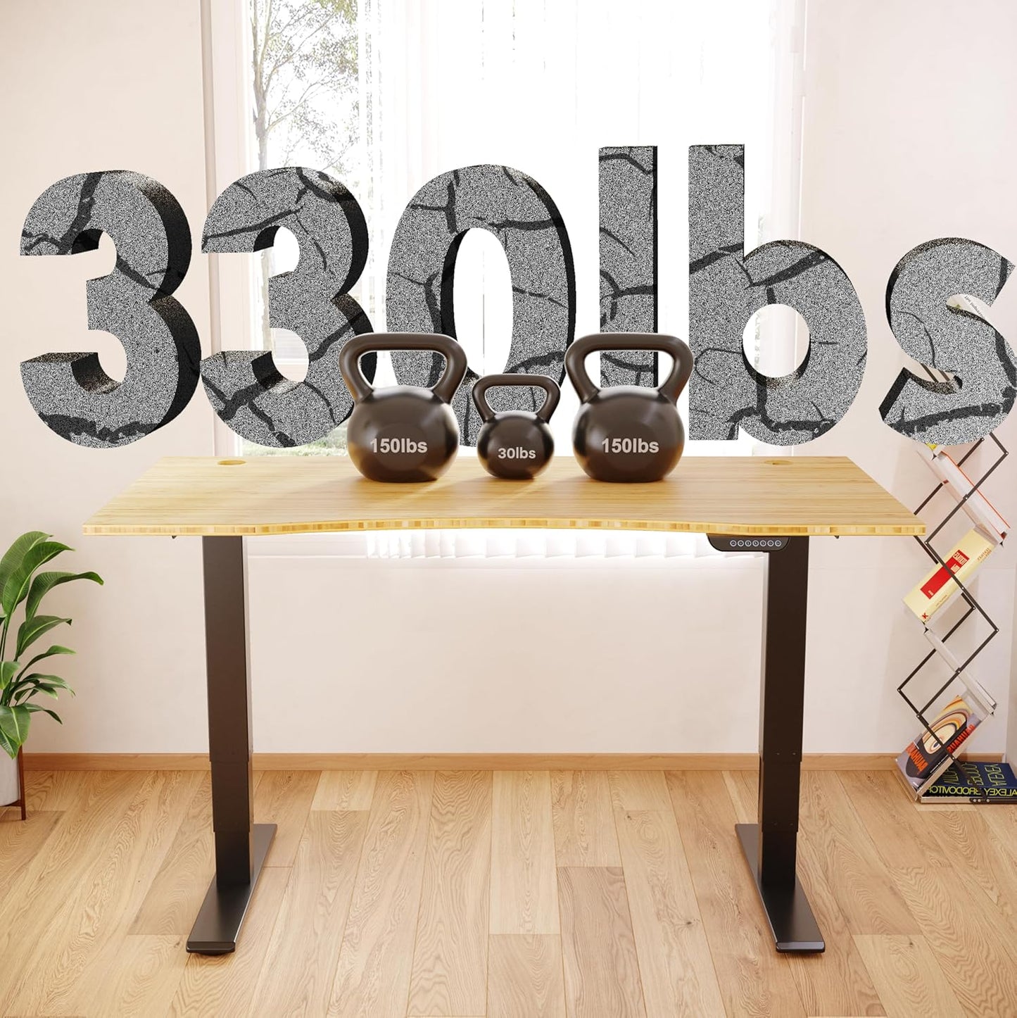 FLEXISPOT E6 MAX Bamboo Dual Motor 3 Stages Standing Desk 48x24 Inch Whole-Piece Board Electric Height Adjustable Stand Up Desk 150KG Load Capacity(Black Frame + Bamboo Curved Desktop)