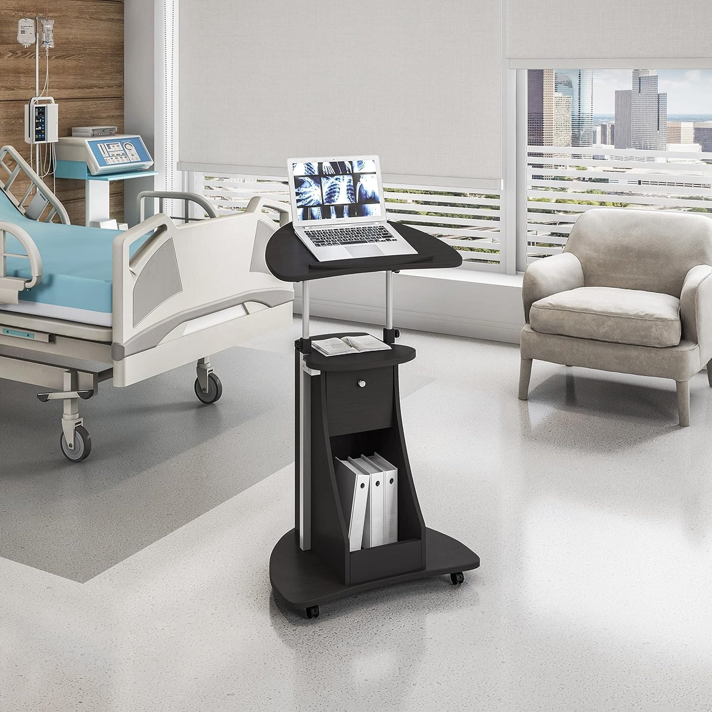 Techni Mobili Sit-to-Stand Mobile Medical Laptop Computer Cart, Black, Adjustable Height, B005