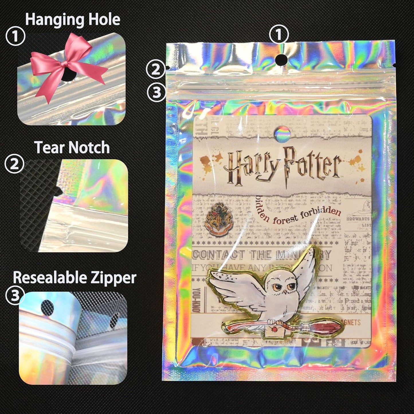 100 Pack Holographic Resealable Plastic Bags for Food Storage, Zipper Bags with Clear Front Window, Packaging Pouch for Small Business (100 Pack, 4x7.2 inch)