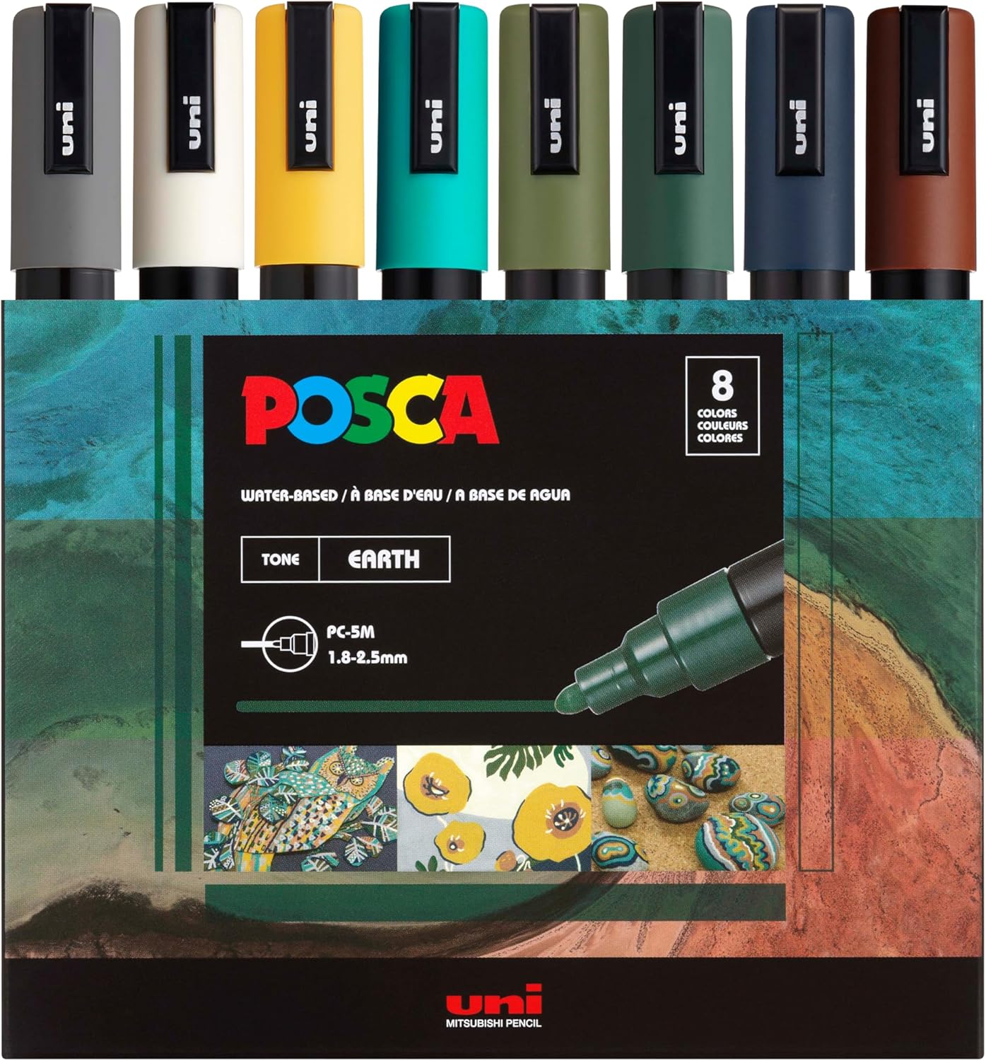 posca Markers Set, 8 Medium Paint Markers 5M – Earth Tones – Grey, Ivory, Ochre, Green, Navy Blue, Brown