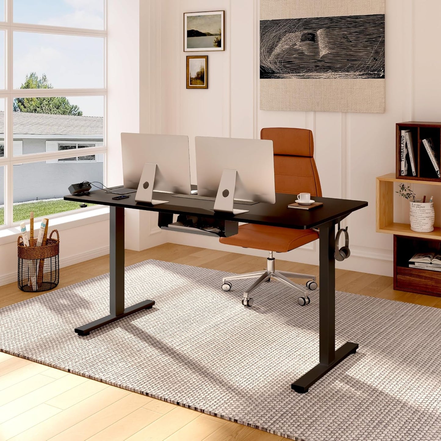 FLEXISPOT Standing Desk Frame with Clamp Power Strip and Cable Management Tray, Electric Sit Stand Desk Base with Memory Controller for Home and Office (Black Frame Only)