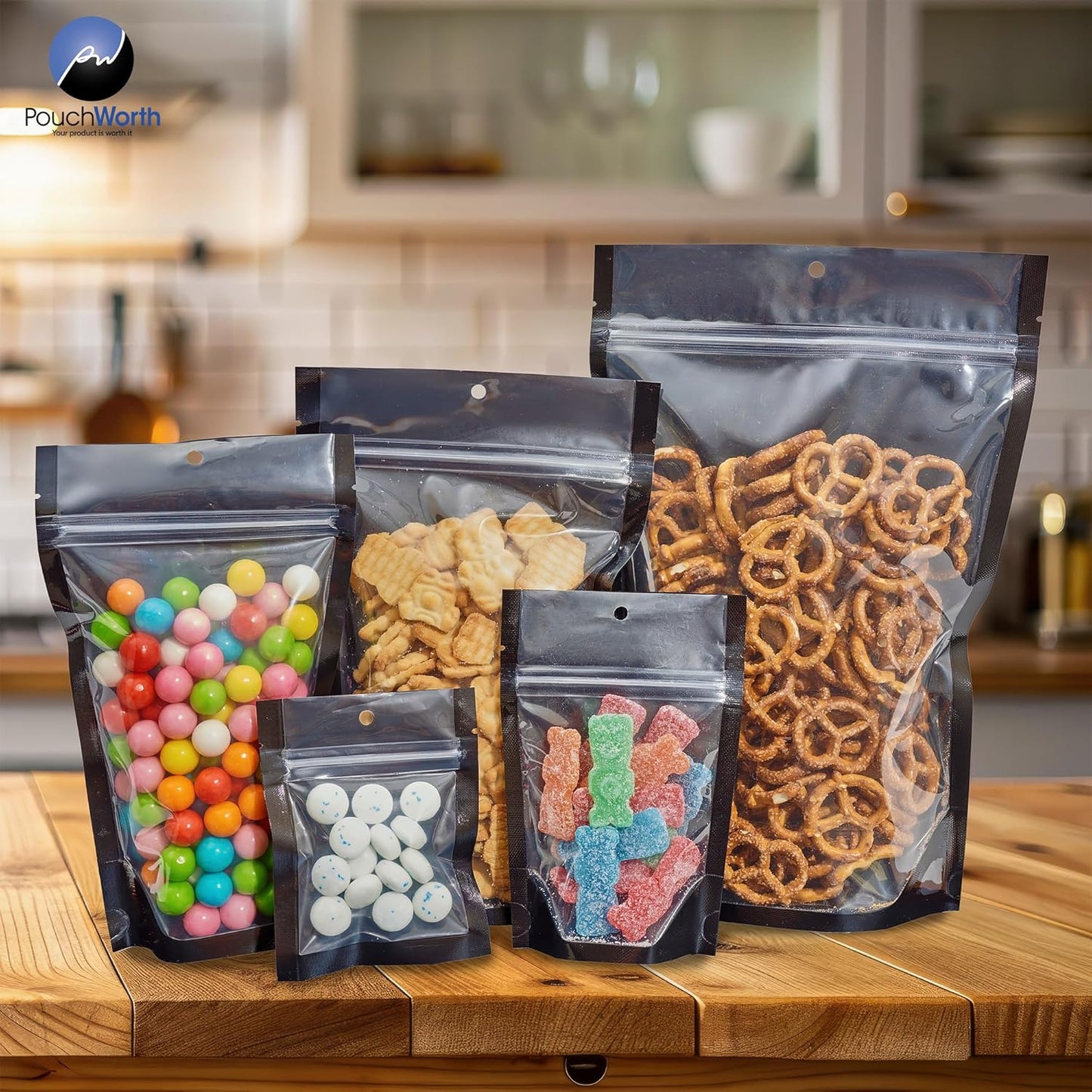 100 Pack 6"x9.5" Clear/Black Nylon Resealable Stand Up Pouch Bags Mylar Food Packaging with Tear Notches
