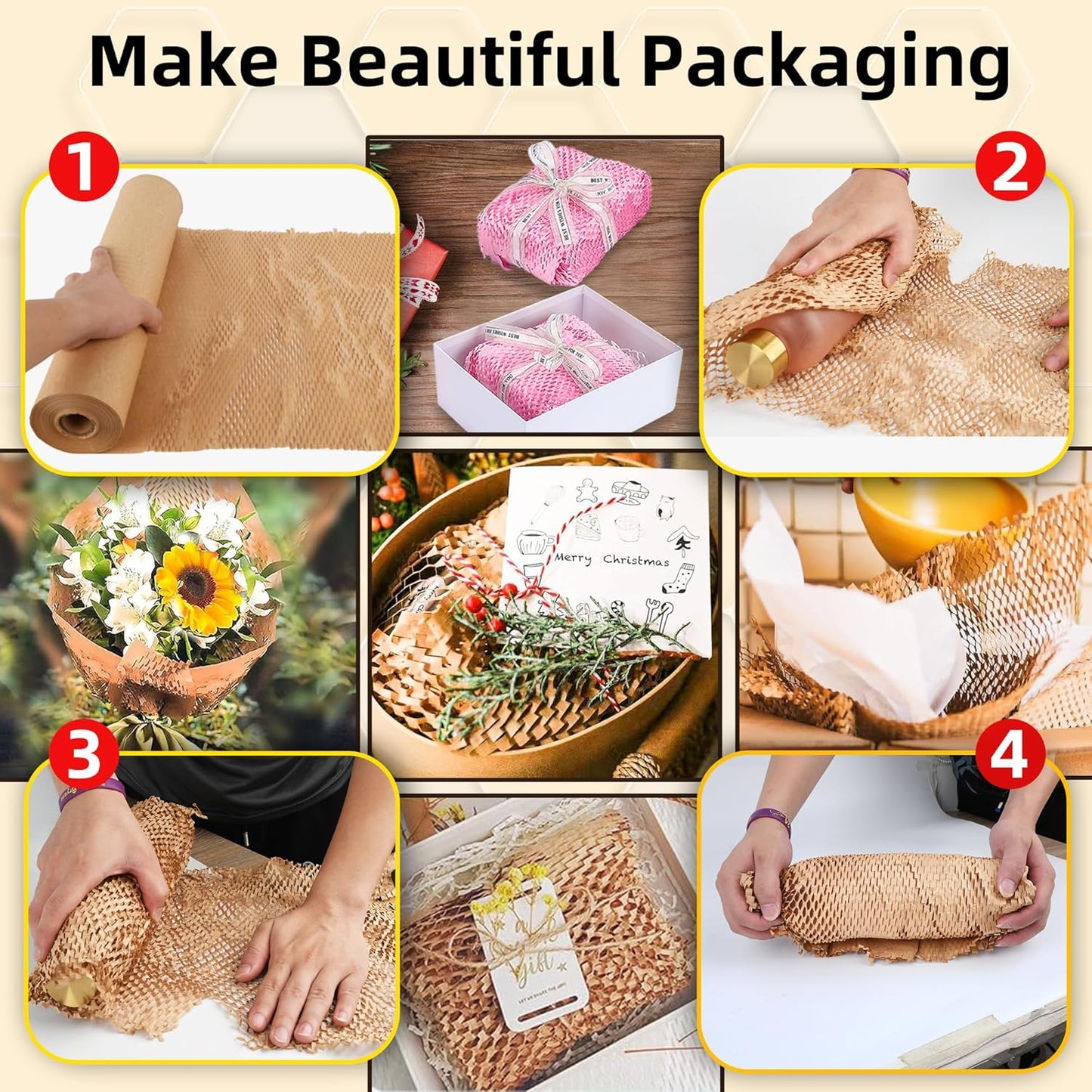 Honeycomb Packing Paper 15"x400' Roll with Fragile & Labeling Stickers, Gloves - Bubble Wrap for Moving,Products & Gifts Wrapping Paper, Recyclable & Biodegradable Cushioning Packing Material