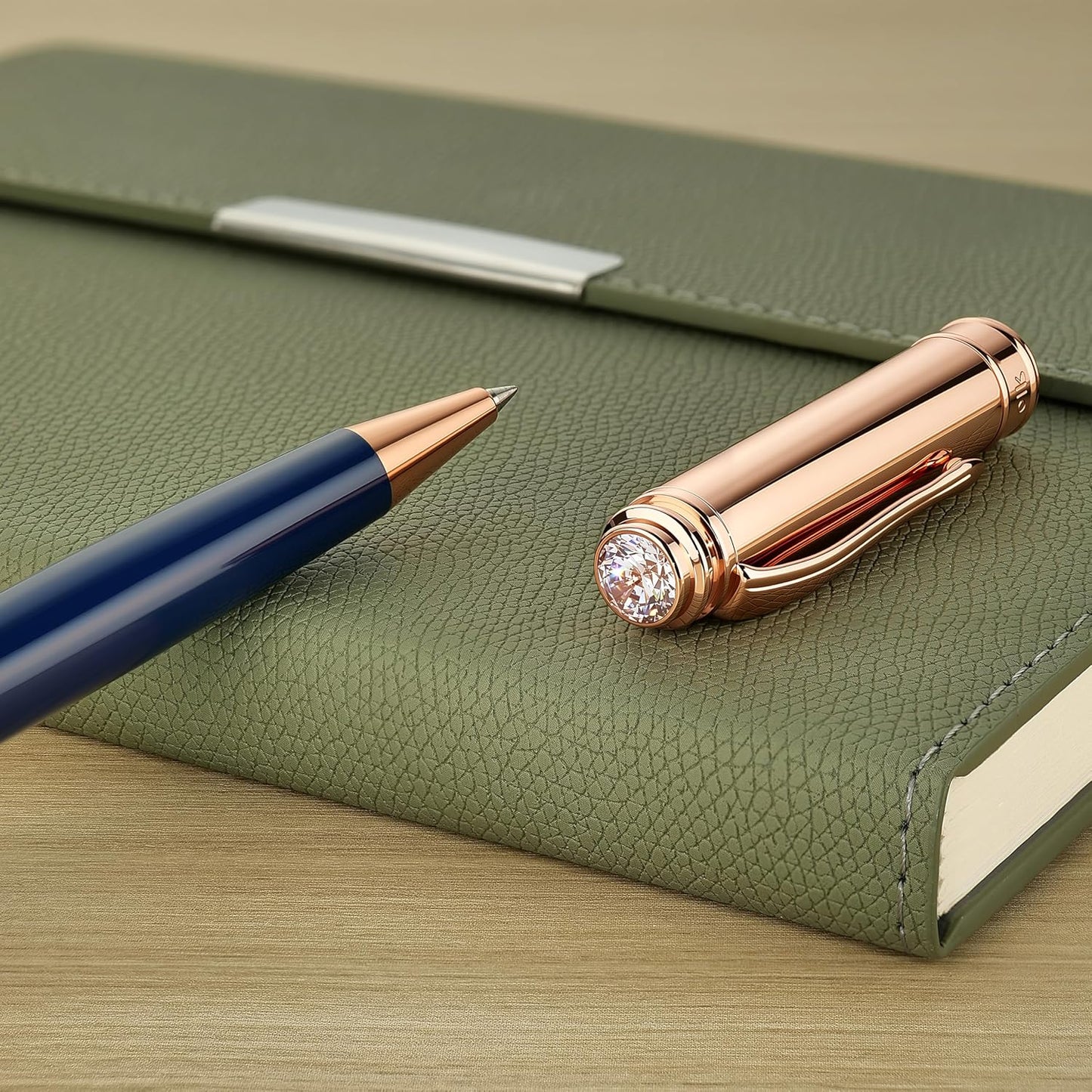 Luxury Gel Pen, Top Set With 8mm Brilliant Diamond,Stunning Blue Pen Body,Attractive Rose Real Gold Finish, Black Refill,Elegant Gift Pen For Women, Executive, Fancy, Spark, Nice Pens
