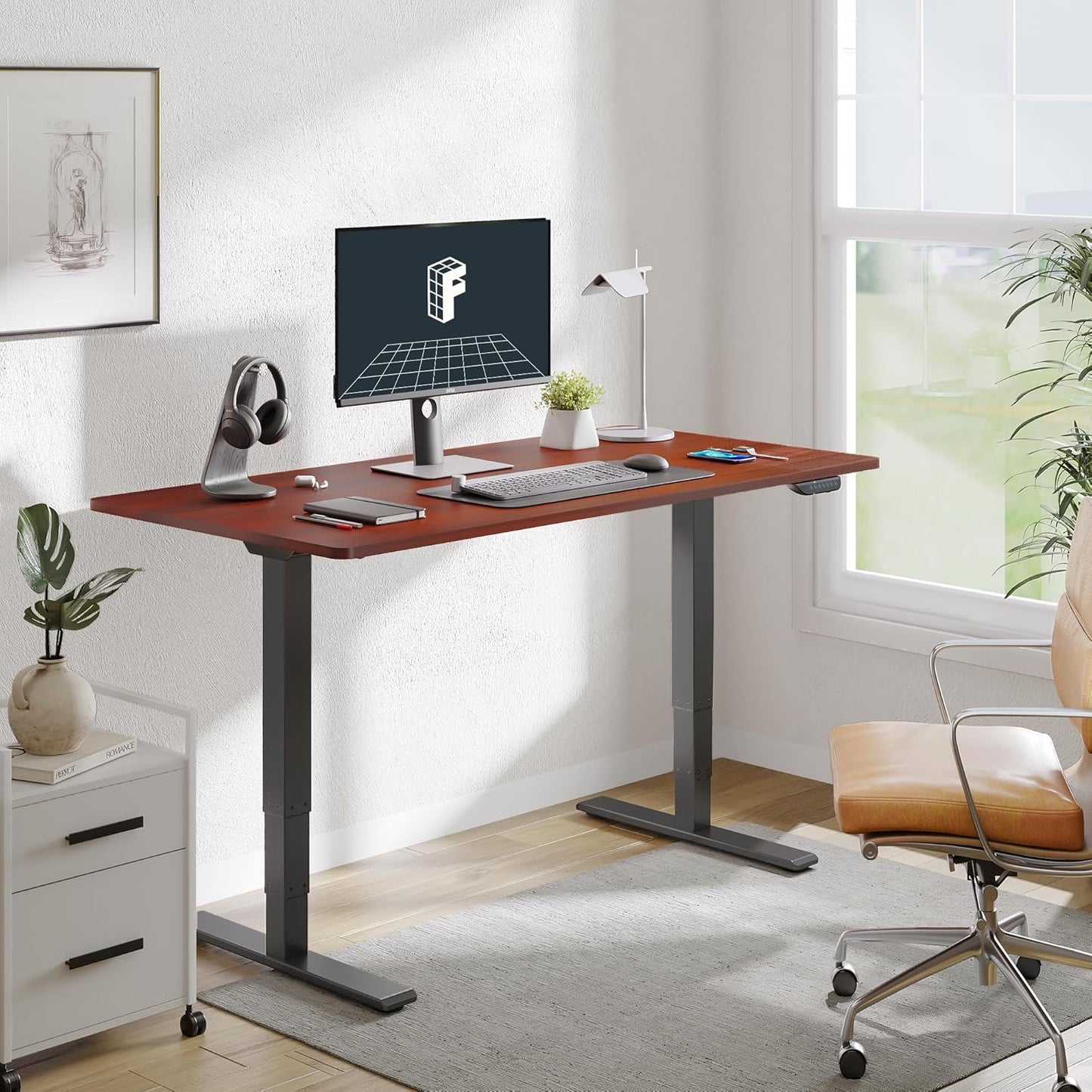 FLEXISPOT E6 MAX Dual Motor 3 Stages Standing Desk 60x24 Inch Whole-Piece Board Electric Height Adjustable Stand Up Desk 150KG Load Capacity(Black Frame + Mahogany Desktop)