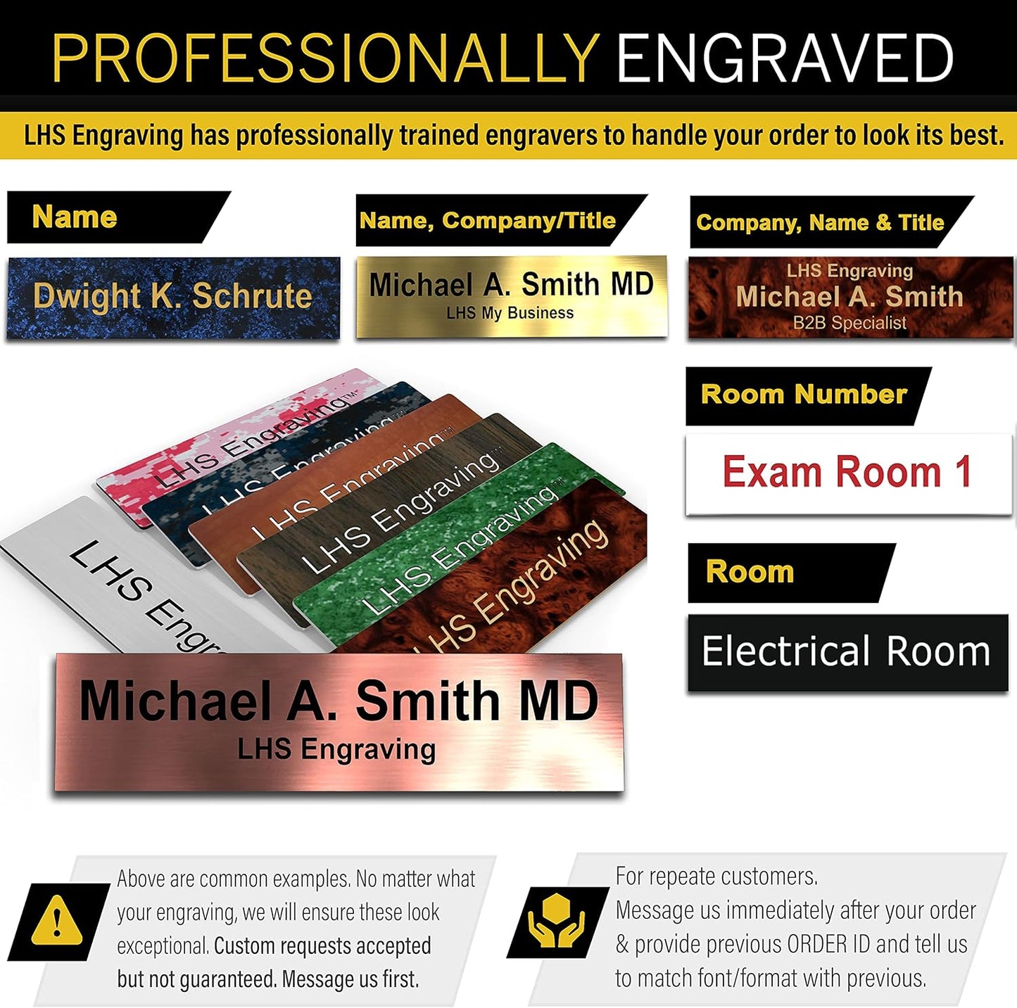 Engraved Name Plates for Desk and Door Signs Personalized Brushed Brass Plastic Nameplate with Black Letters - Made in USA 2x8 M6