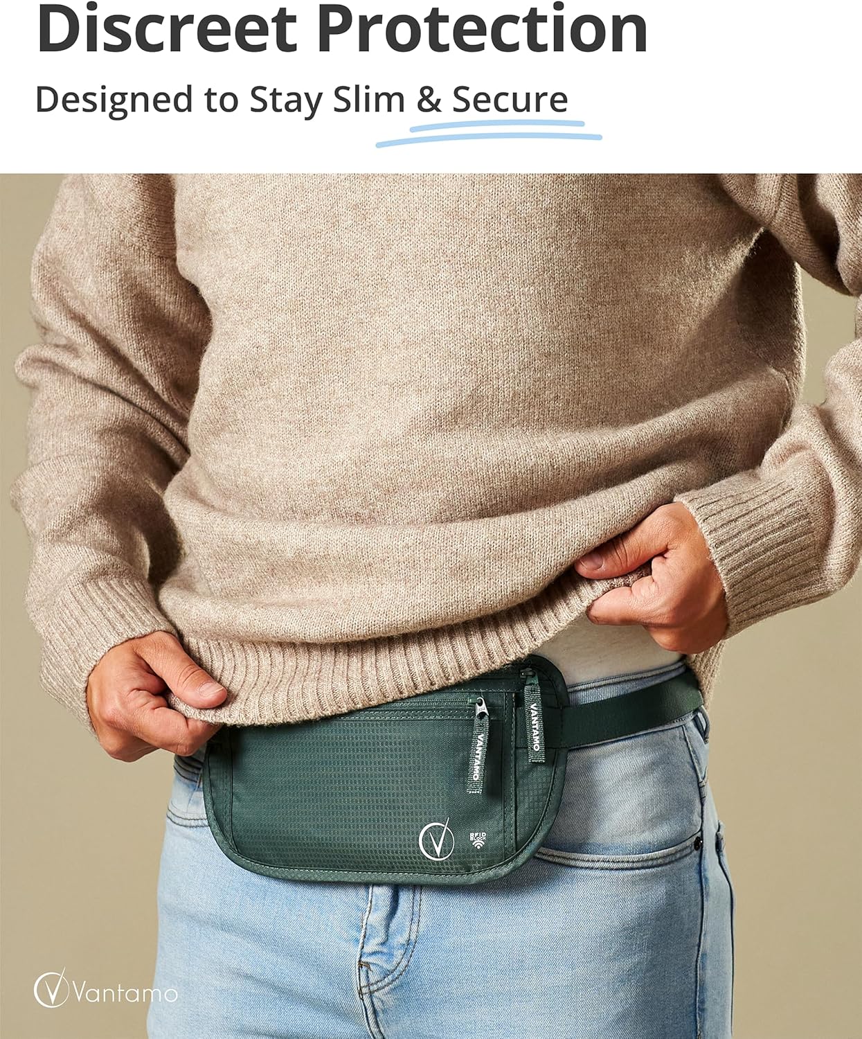 Vantamo Hidden Money Belt For Extra Safety, RFID Ultra-Thin Fanny Pack, 2 Compartment Money Bag Fits Passport & Phone