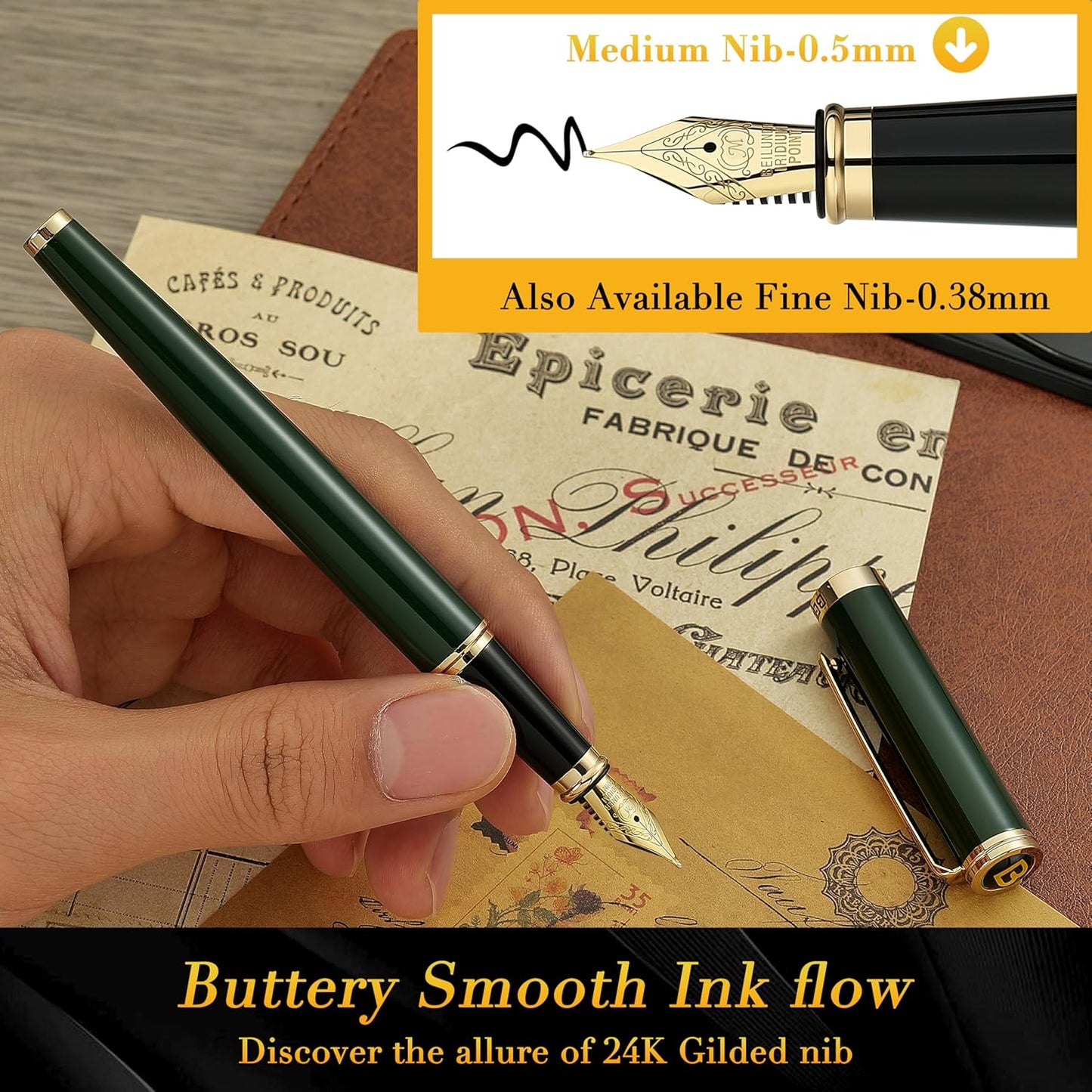 BEILUNER British Racing Green Fountain Pen,Stunning Luxury Pens with 24K Gold Accents, Gorgeous 24K Gilded Nib(Medium), Ink Converter, Pen Gift for Men&Women-Elegant, Reliable,Fancy for Writing