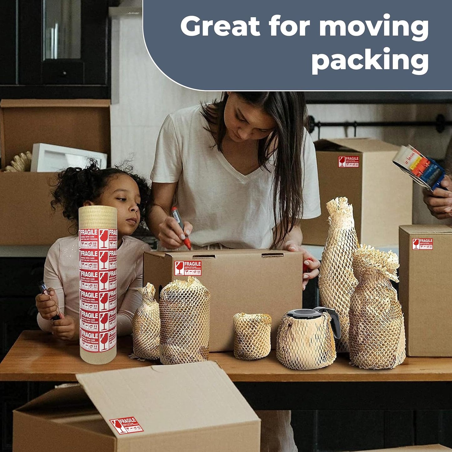 Honeycomb Packing Paper Wrap 15''x280', Substitute Alternative for Bubble Cushioning Wrap for Moving Shipping Packaging, Recyclable Moving Supplies with 36 Fragile Sticker Labels