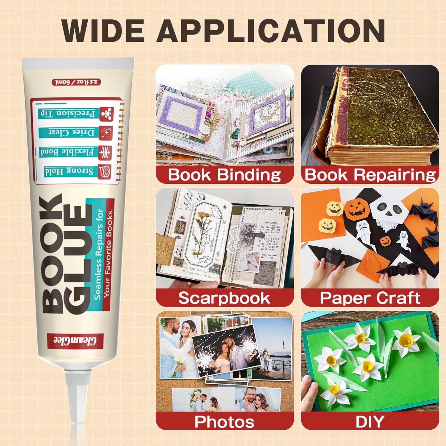 Book Glue, Dries Clear & Flexible Book Binding Glue Adhesive, Used for Bookbinding and Book Repair, Book Nook, Framing, Collages, Paper Art and Crafts - 60ml x 2Pack